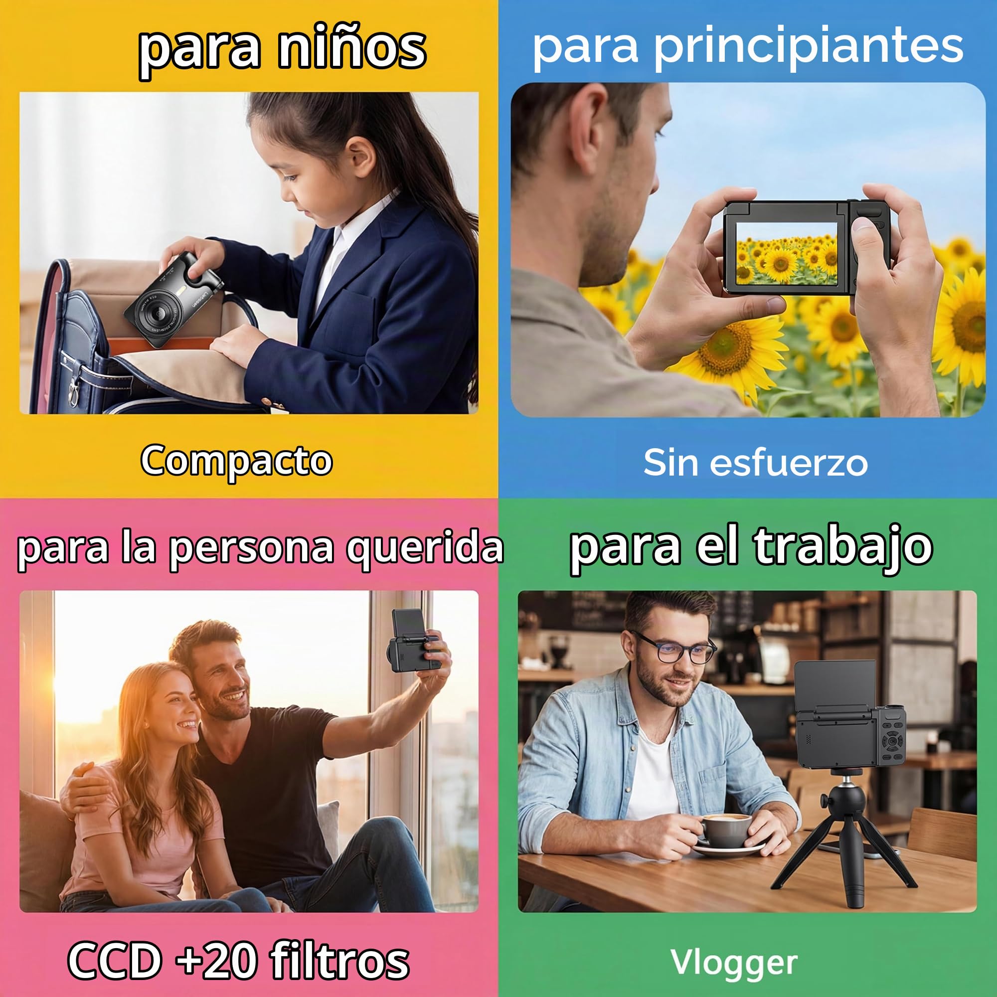 Cámara Digital 4K UHD, Pantalla 3" Abatible 180°, 64MP Autofocus, Time-Lapse, Slow Motion, Redes sociales, Webcam, 32GB Portátil para Fotografía y Vídeo, Regalo para Niños y Principiantes
