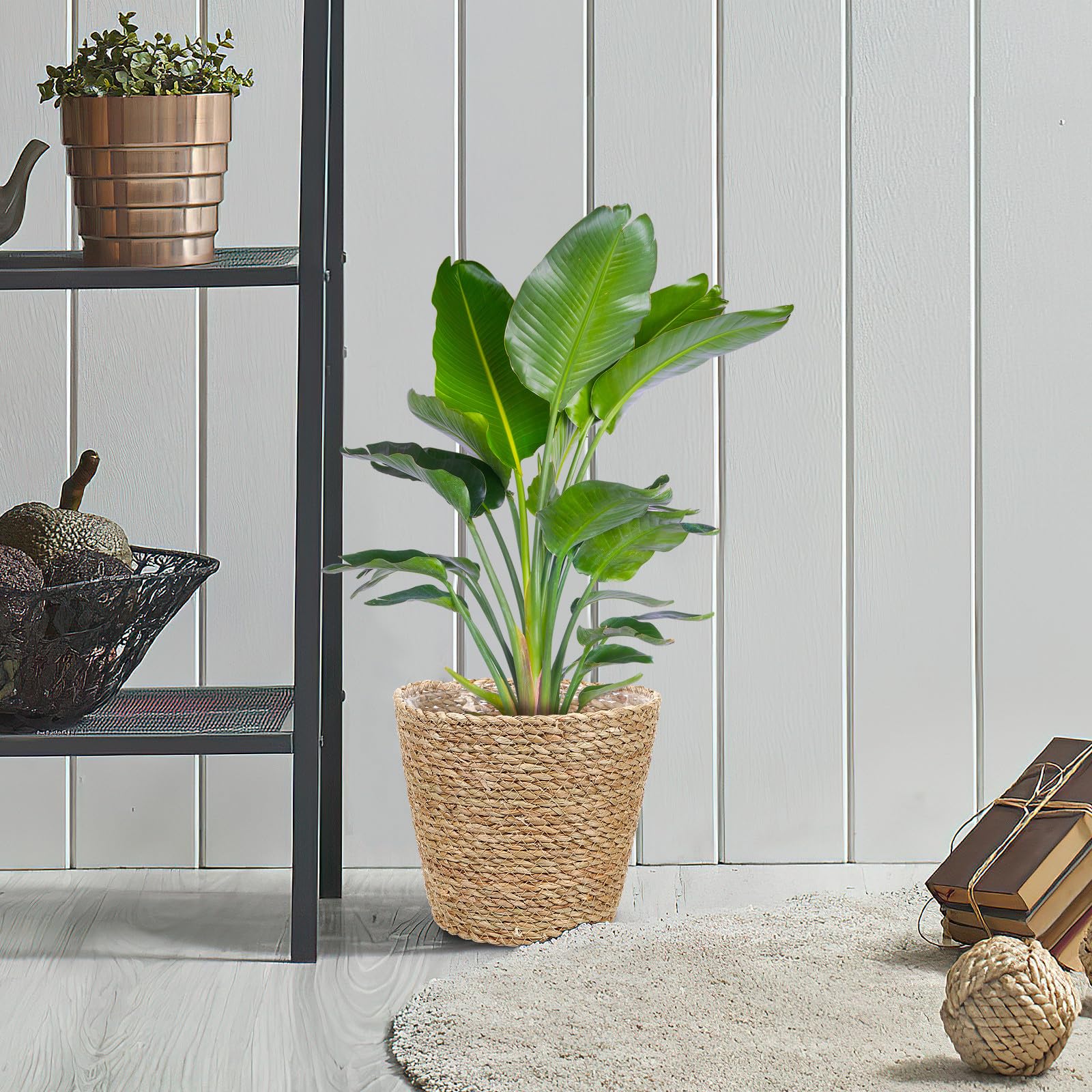 Fioriera Intrecciata in Paglia Fodera, Cesto Porta Piante da Interno, Contenitore Decorativo per Feste e Uso Quotidiano in Casa o Ufficio, Leggero e Pratico