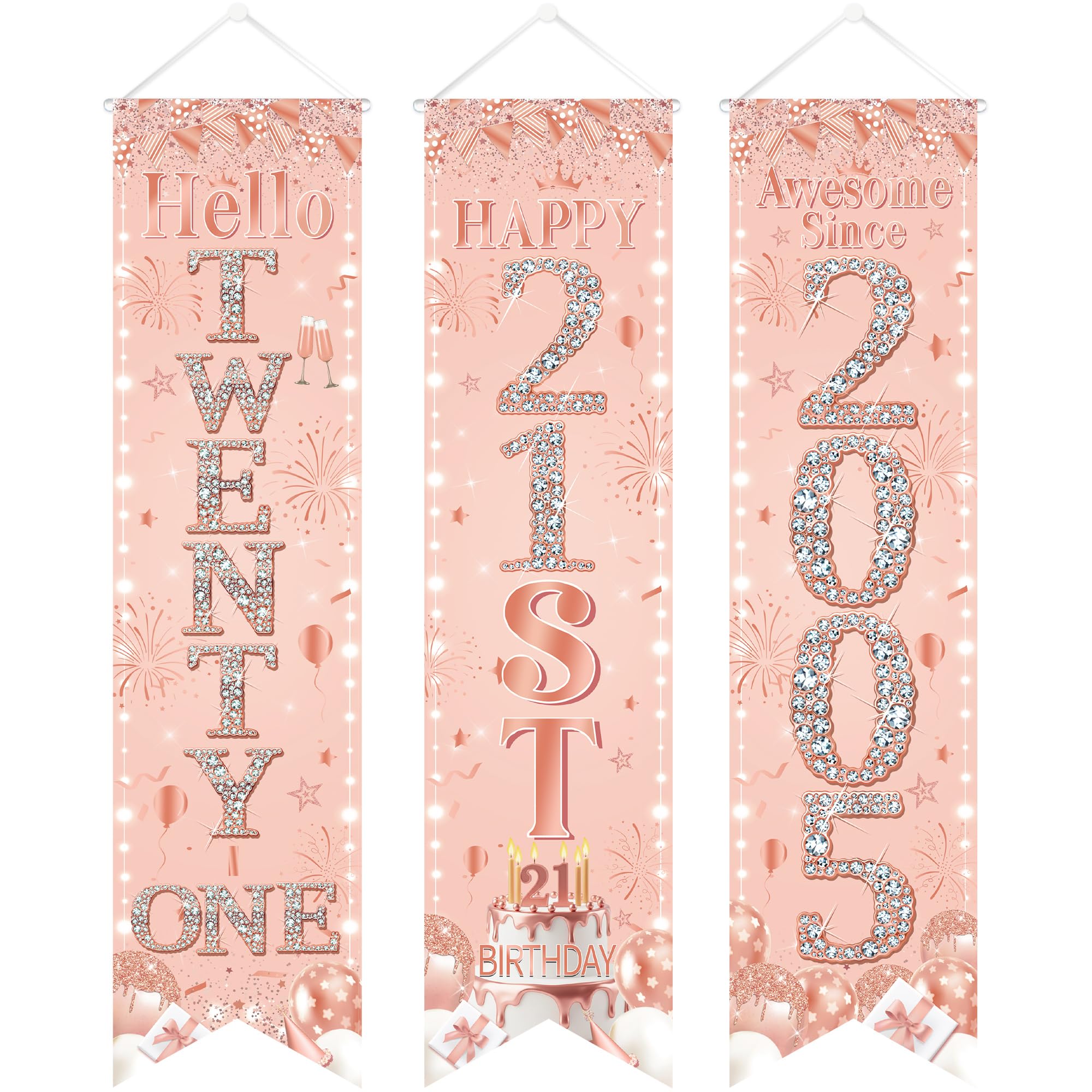 21st Birthday Door Banner Decorations - Rose Gold Hello Twenty-one Porch Signs 3.9x0.9ft, 3Pcs Cheers to 21 Years Awesome Since 2005 Hanging Banners for 21st Birthday Party Decor