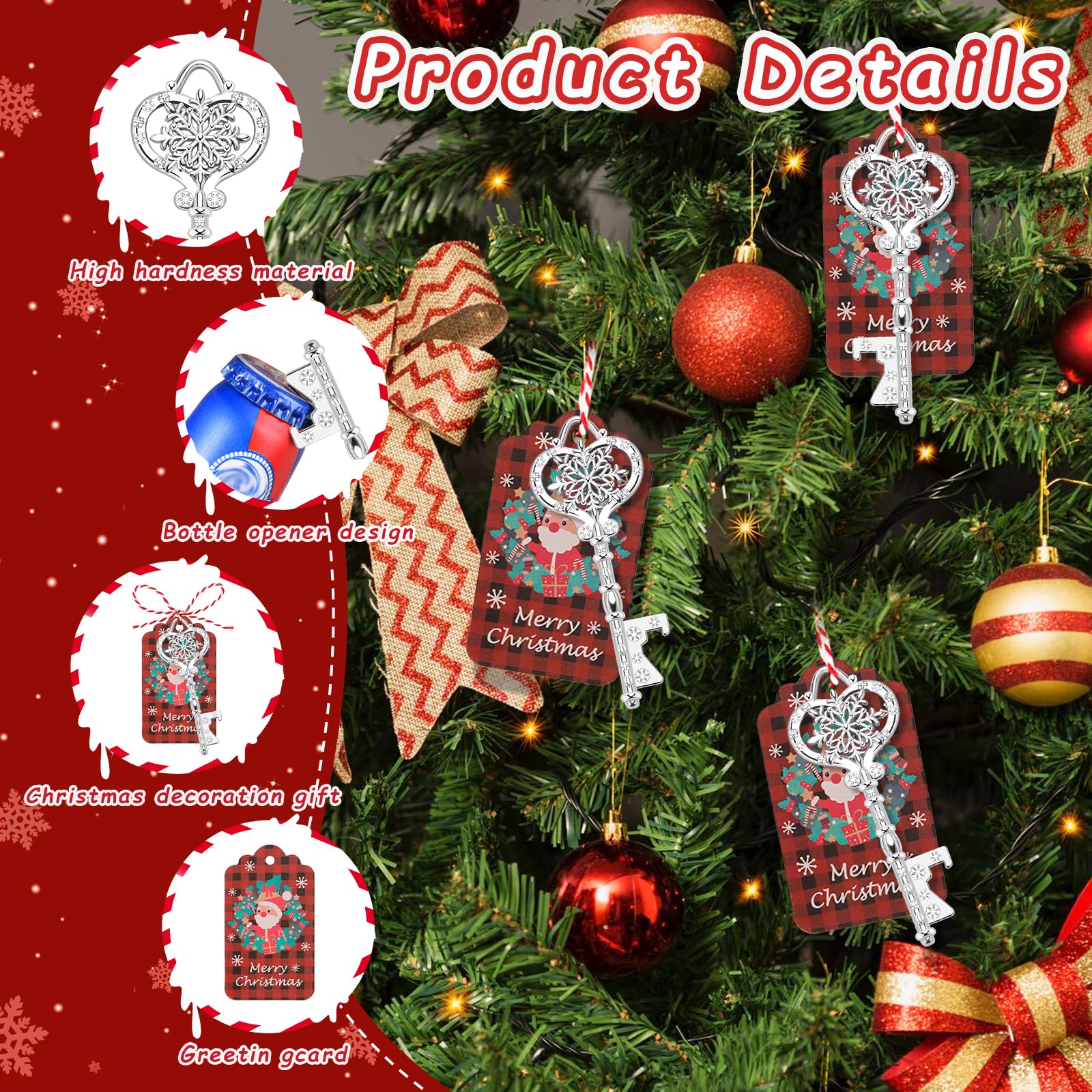 50 apribottiglie a forma di fiocco di neve di Natale, portachiavi argentato con fiocchi di neve e corde, decorazioni per albero di Natale, forniture festive a tema, regalo per colleghi