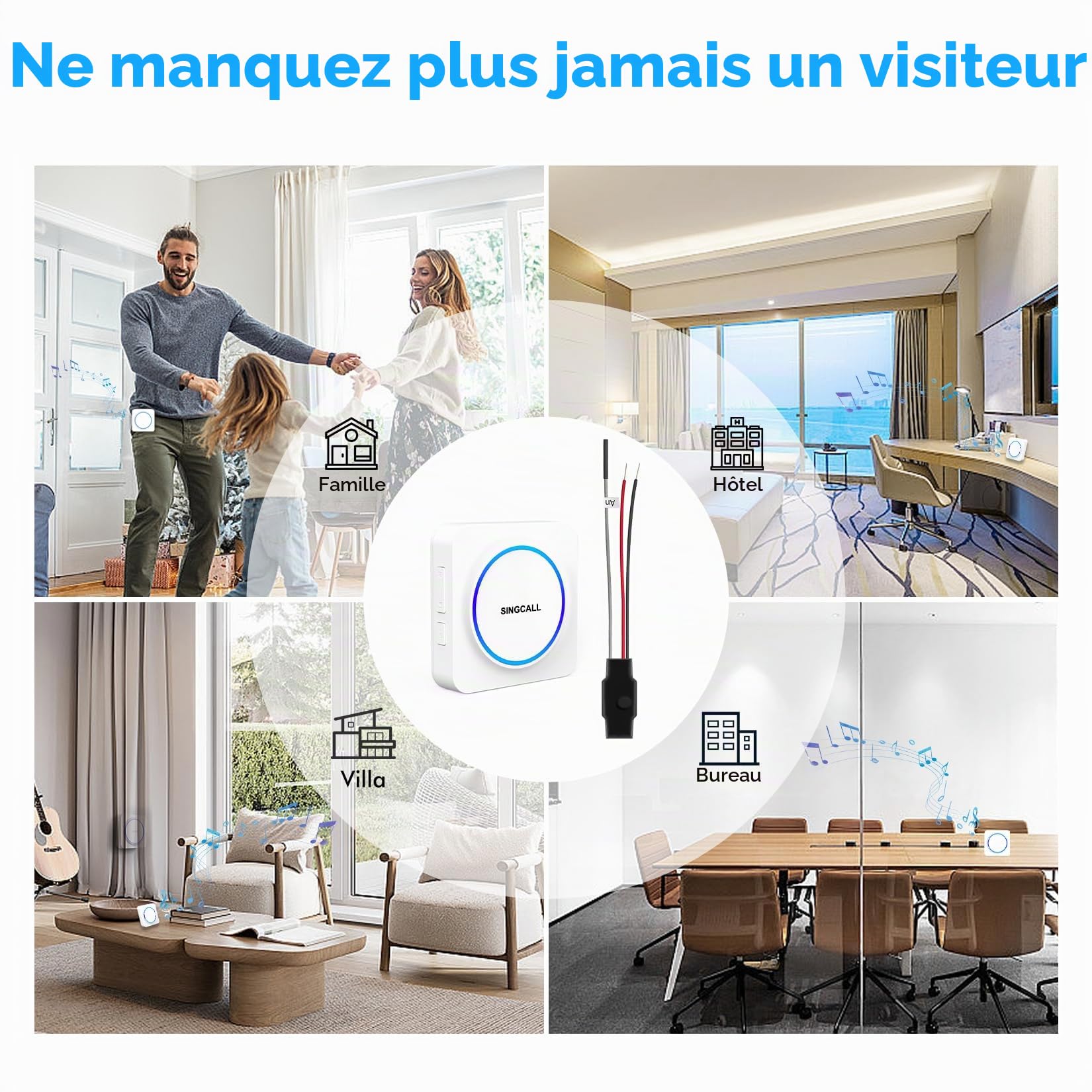 SINGCALL Transfert de Signal Radio Extension de Sonnette sans fil Convertir Sonnette Câblée en Sonnette sans fil 32 Mélodies 5 Volume Réglable pour Maison/Garage 1 Récepteur Portable 1 Émetteur
