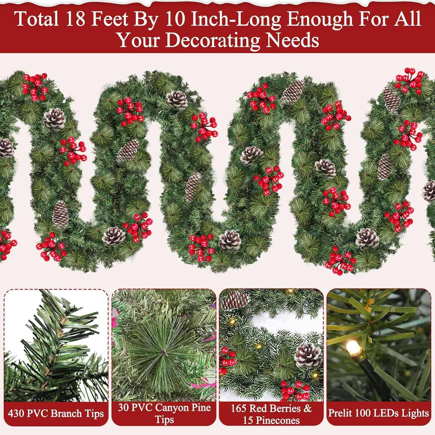 Remote Control&Extra Long&12 Modes-18 Ft Prelit Christmas Garland for Stairs Railing Mantle Front Door Porch Indoor Outdoor Decor 100 Warm White&Colors Switch Lights Timer,580 Thick Branches Tips