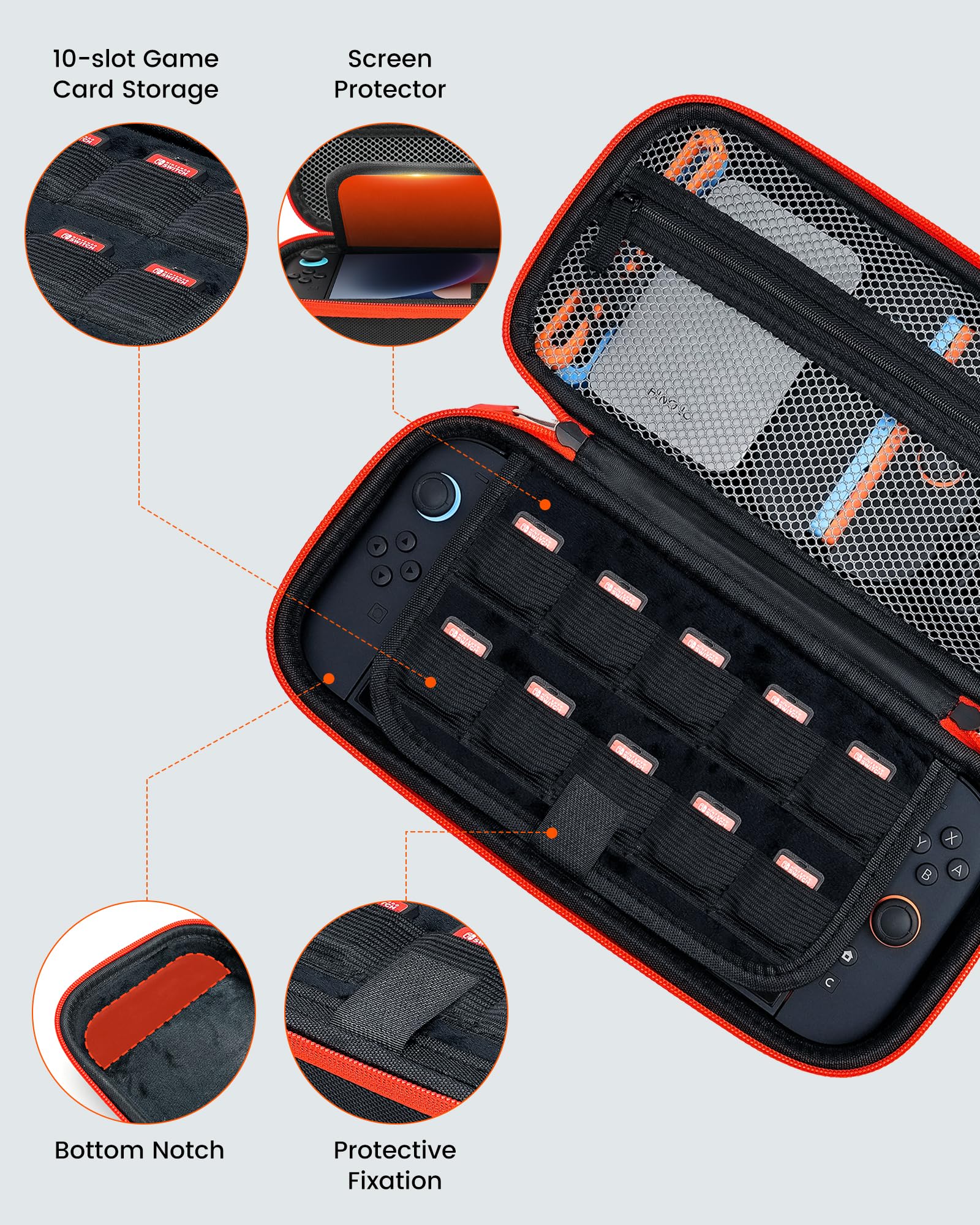 TRANSNOVO Large Capacity Carrying Case Compatible with Nintendo Switch 2 Console & Charger, [Plus Version] Shockproof Waterproof Hard Shell Protective Pouch Portable Travel Case for Accessories, Black — view 7
