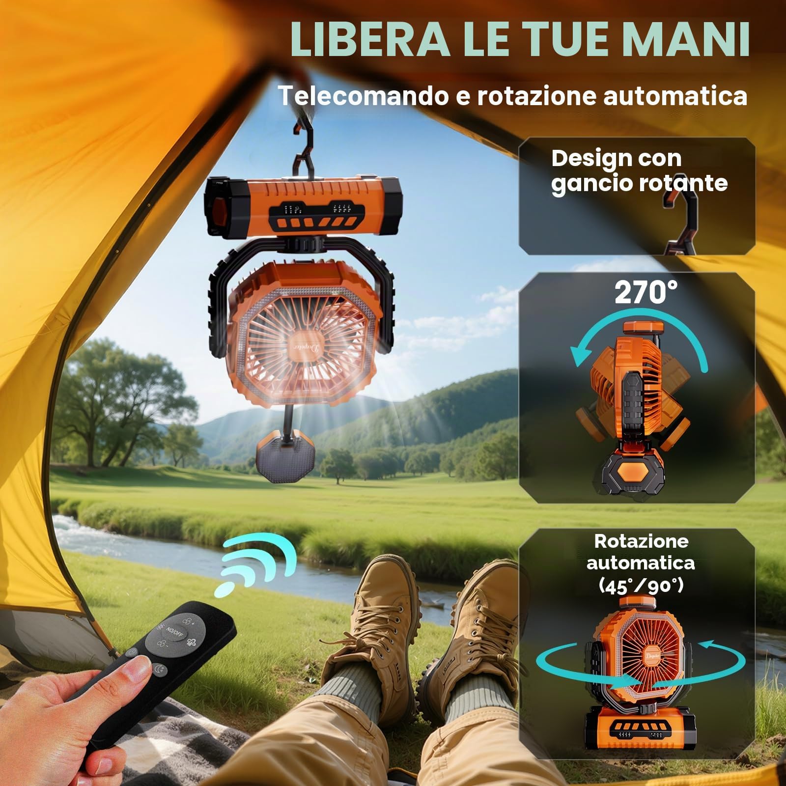 Ventilatore Campeggio 20000mAh con Luce LED, Ventilatore Portatile Ricaricabile con Gancio e Telecomando, Ventilatore USB Scrivania per Esterno Tenda Spiaggia Allaperto - Arancione