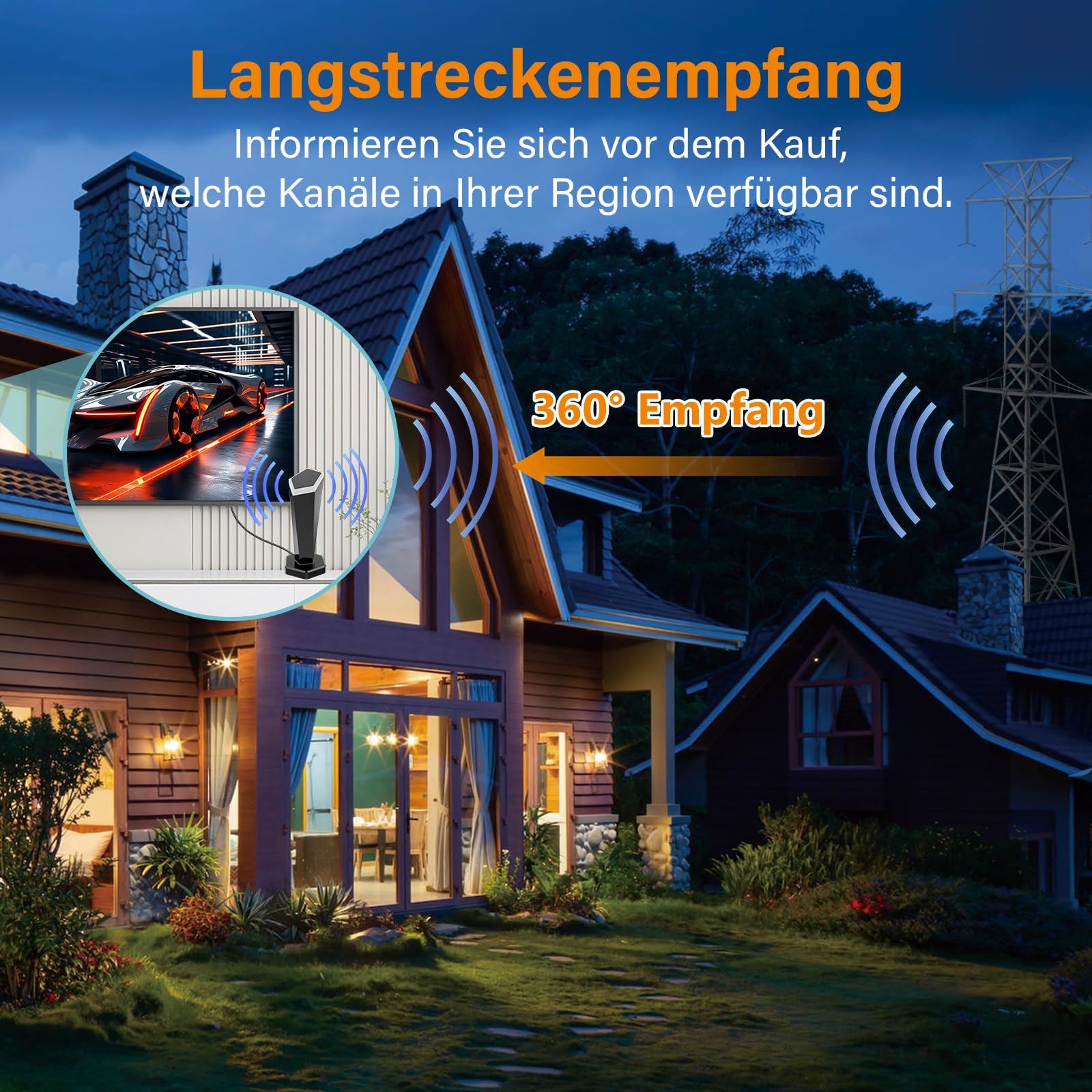 Antenne DVBT/DVBT2 avec amplificateur – Antenne HDTV d'intérieur pour téléviseur et base magnétique, portée de réception du signal 420 km et réception complète à 360°, prend en charge les canaux HD 4K