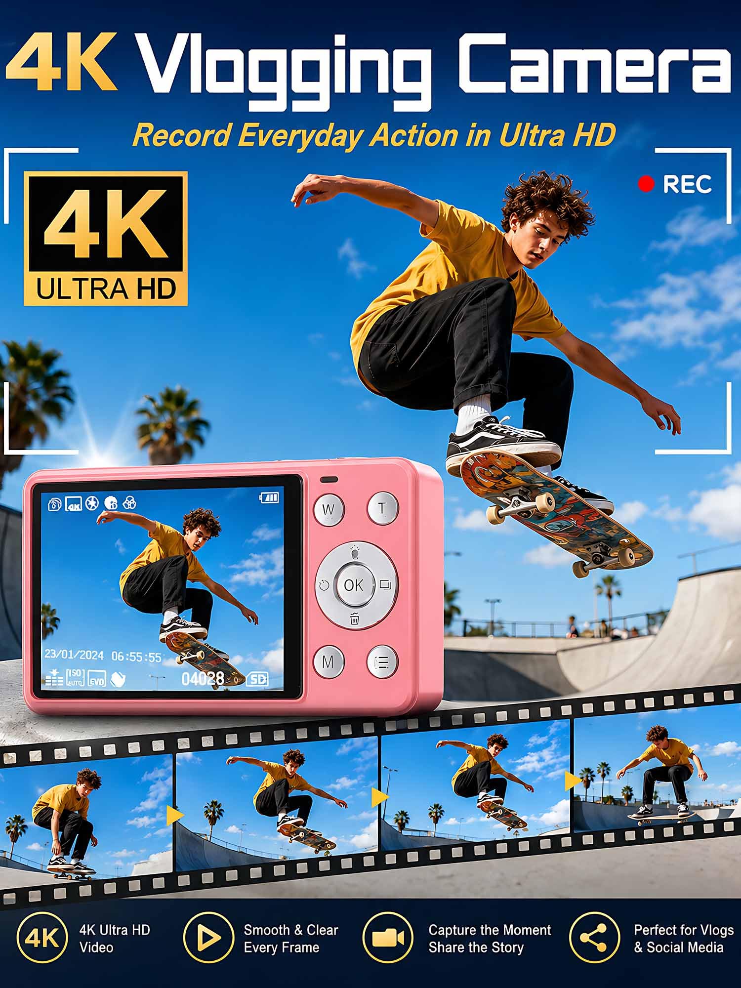 Fotocamera digitale 4K da 64 MP, fotocamera compatta rosa con zoom digitale 18x, schermo LCD da 2,8", scheda microSD integrata da 64 GB e batteria ricaricabile da 1500 mAh, fotocamera per