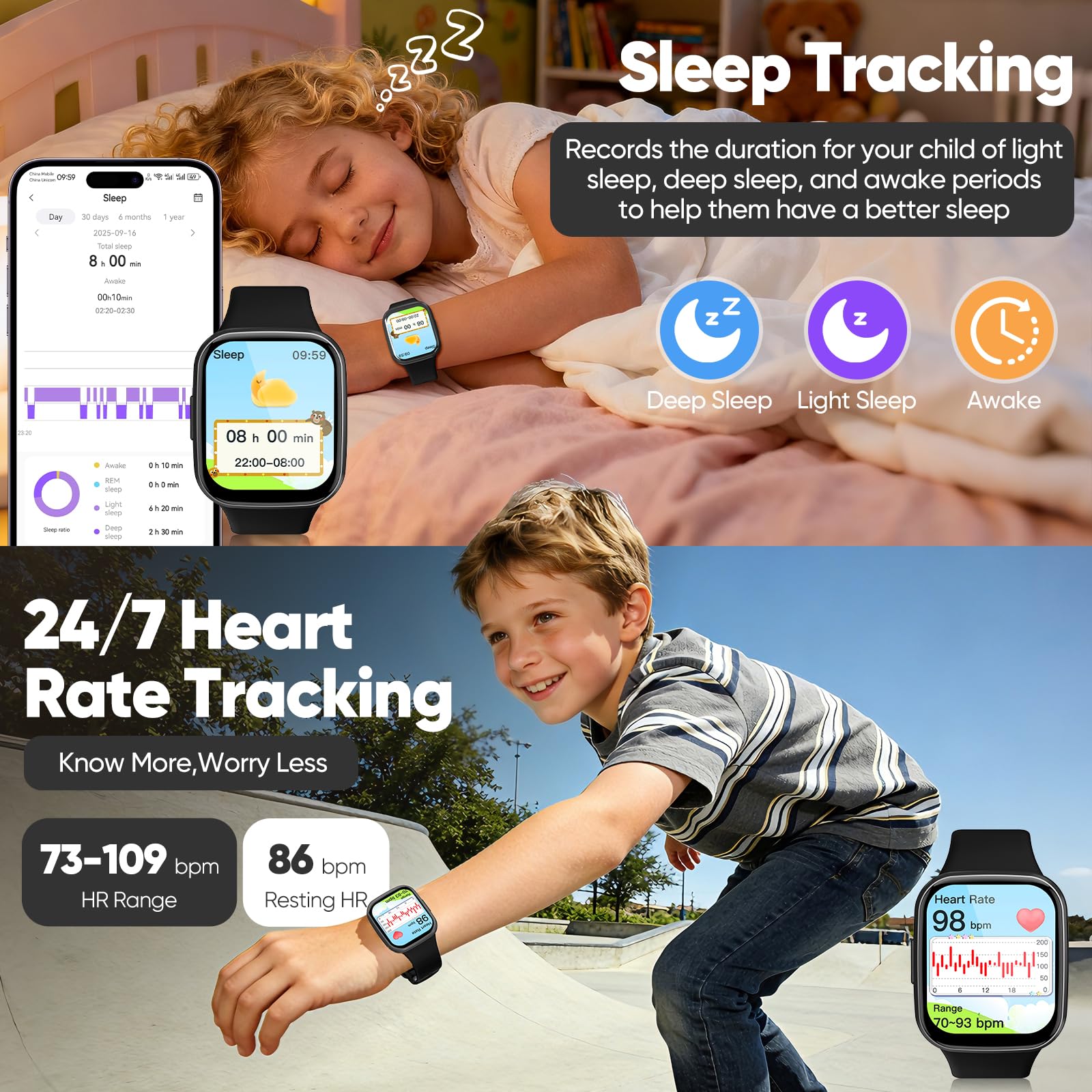 Kids Smart Watch for Boys Girls, HD Touchscreen Fitness Tracker with Heart Rate, Sleep Monitor, Activity, Pedometer, IP68 Waterproof SmartWatch with/without App, Gifts for Kids 4-12 (Black) — view 5