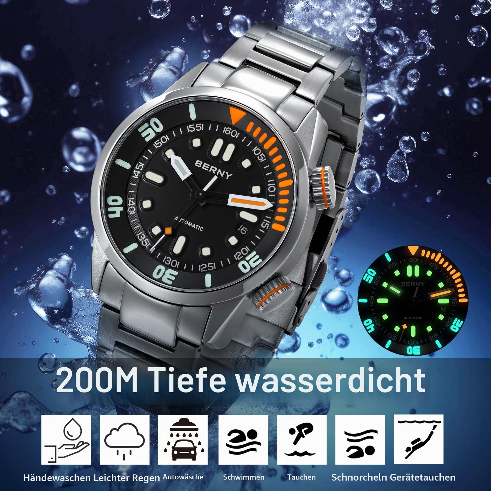 BERNY Automatikuhr für Männer 200M Taucheruhr Armbanduhr Saphirglas Langlebiges Edelstahlband Super Leuchtend Herrenuhren