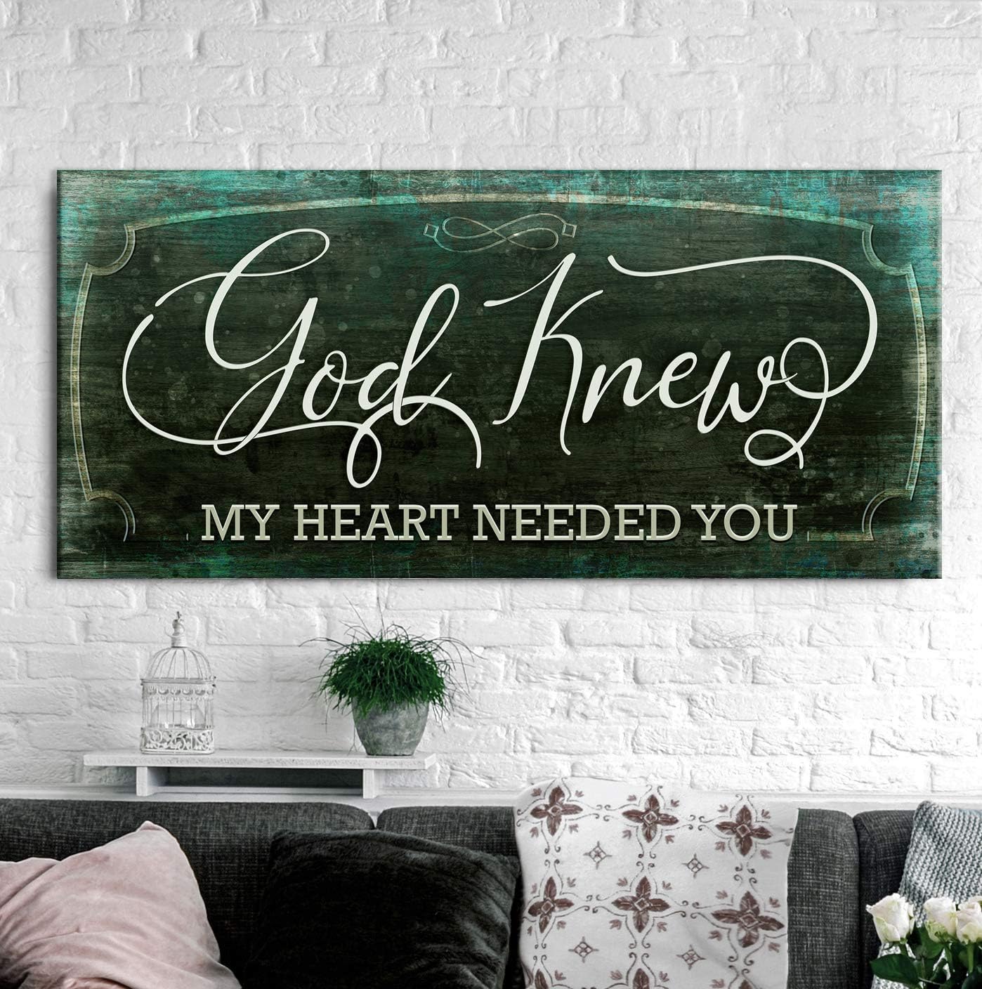 Sense Of Art | God Knew My Heart Needed You Quote | Wood Framed Canvas | Wall Decor for Bedroom Couples (Teal, 42x19)