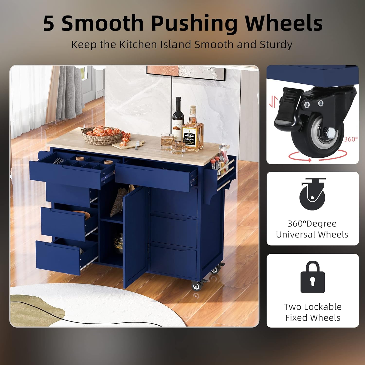 Olela Kitchen Island Cart on Wheels,Rolling Mobile Kitchen Table with Storage Cabinets and Towel Rack, Adjustable Shelves and Rubber Wood Countertop (Blue-Handleless Cabinets)
