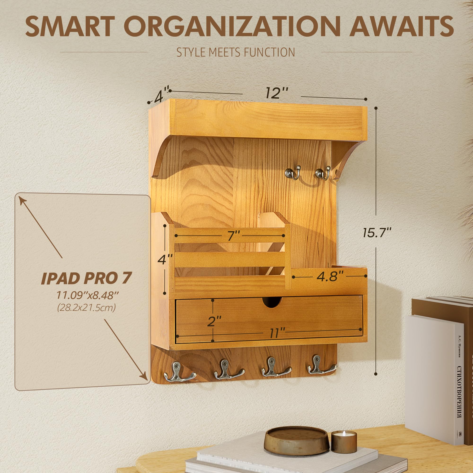 Moderno portachiavi da parete con organizer per cassetti, pratico organizer per posta e chiavi, con 6 ganci resistenti e mensola sospesa da parete, ideale per illuminare l'arredamento della tua casa