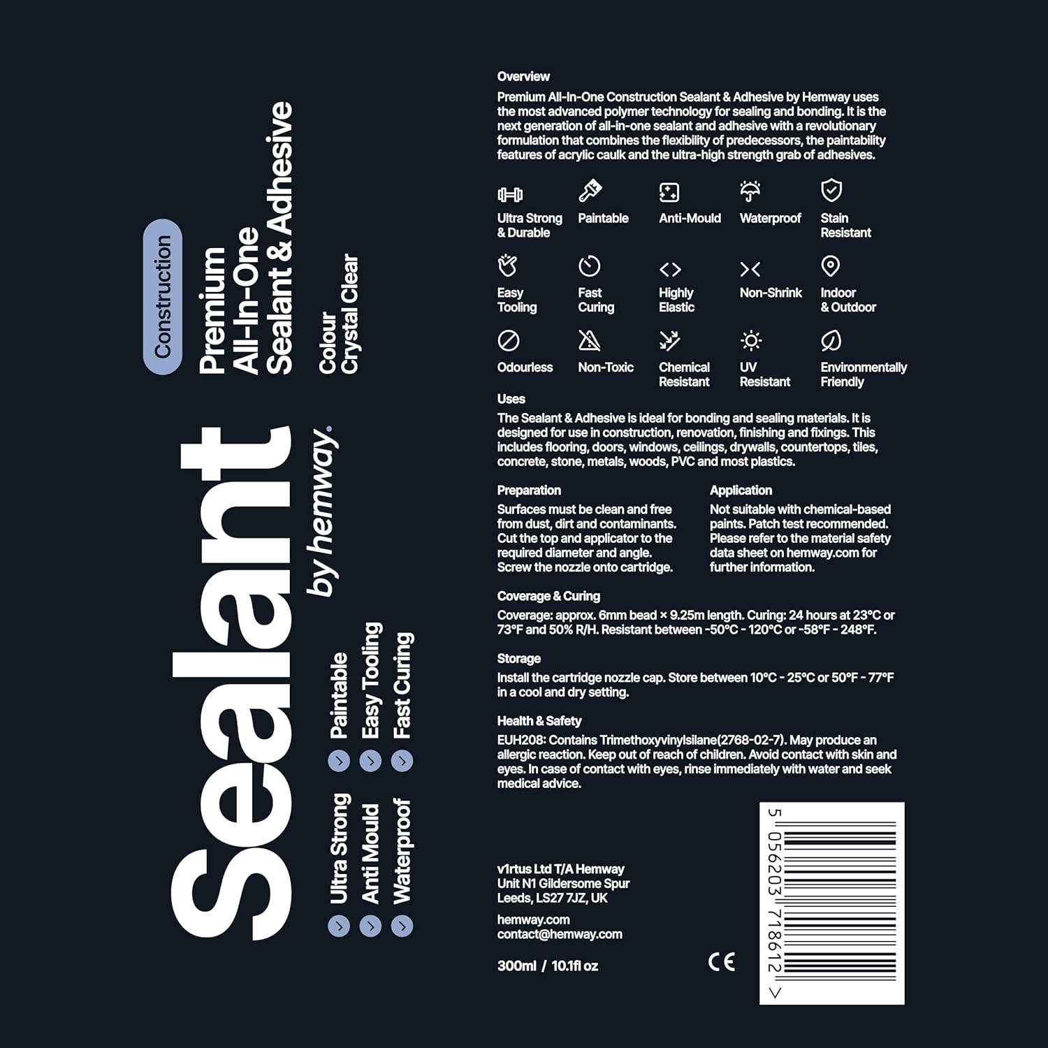 Crystal Clear Construction Sealant & Adhesive All-in-One Hybrid Polymer | Superior to Silicone Bathroom Caulk Sealant | Waterproof, Odorless, Paintable Caulk | Kitchen Bathroom Outdoor 300 ml 24 Pack