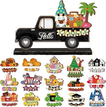 34 Pcs Interchangeable Mini Truck Sign Seasonal Holiday Decor | Wooden Retro Truck Magnetic Desk Accessories All Seasons Table Centerpiece Farmhouse Home Office Tiered Tray Decorations Gift