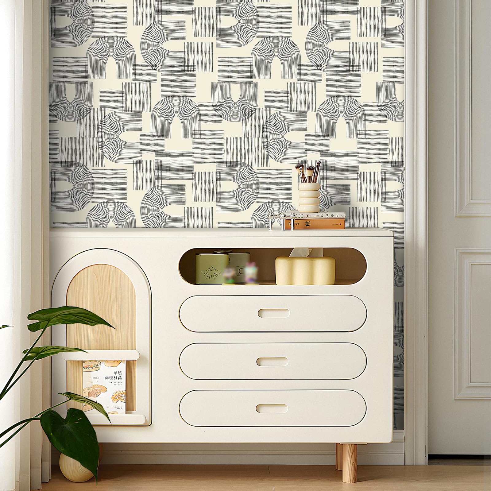Decotalk Papel Pintado Autoadhesivo Pared Beige Geométrico Moderno Bohemio 44.5X900cm Papel Pintado Geométrico Beige Patrón de Arco Abstracto Fotomurales Decorativos Pared Dormitorio Salón Baño Ático