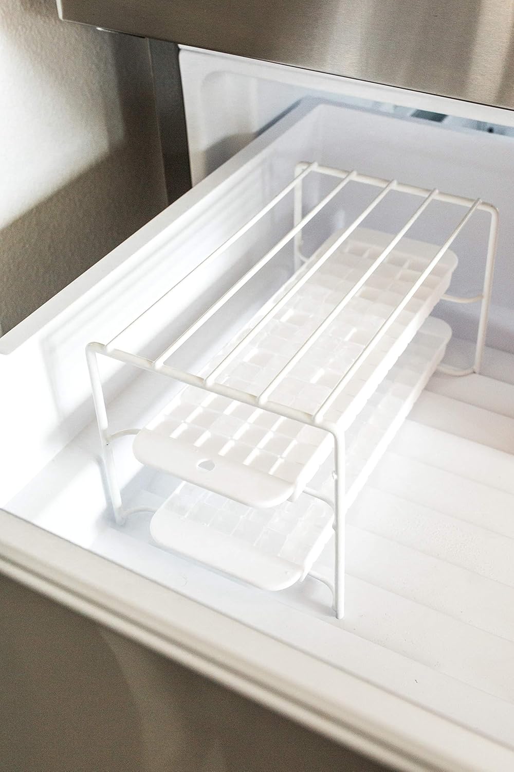 Better Houseware Ice Tray Organizer Shelf for Freezer, White Coated Steel Ice Cube Tray Rack, Stackable Freezer Shelf for Ice Tray Storage, Fridge Organizer for Space Saving, 2 Set