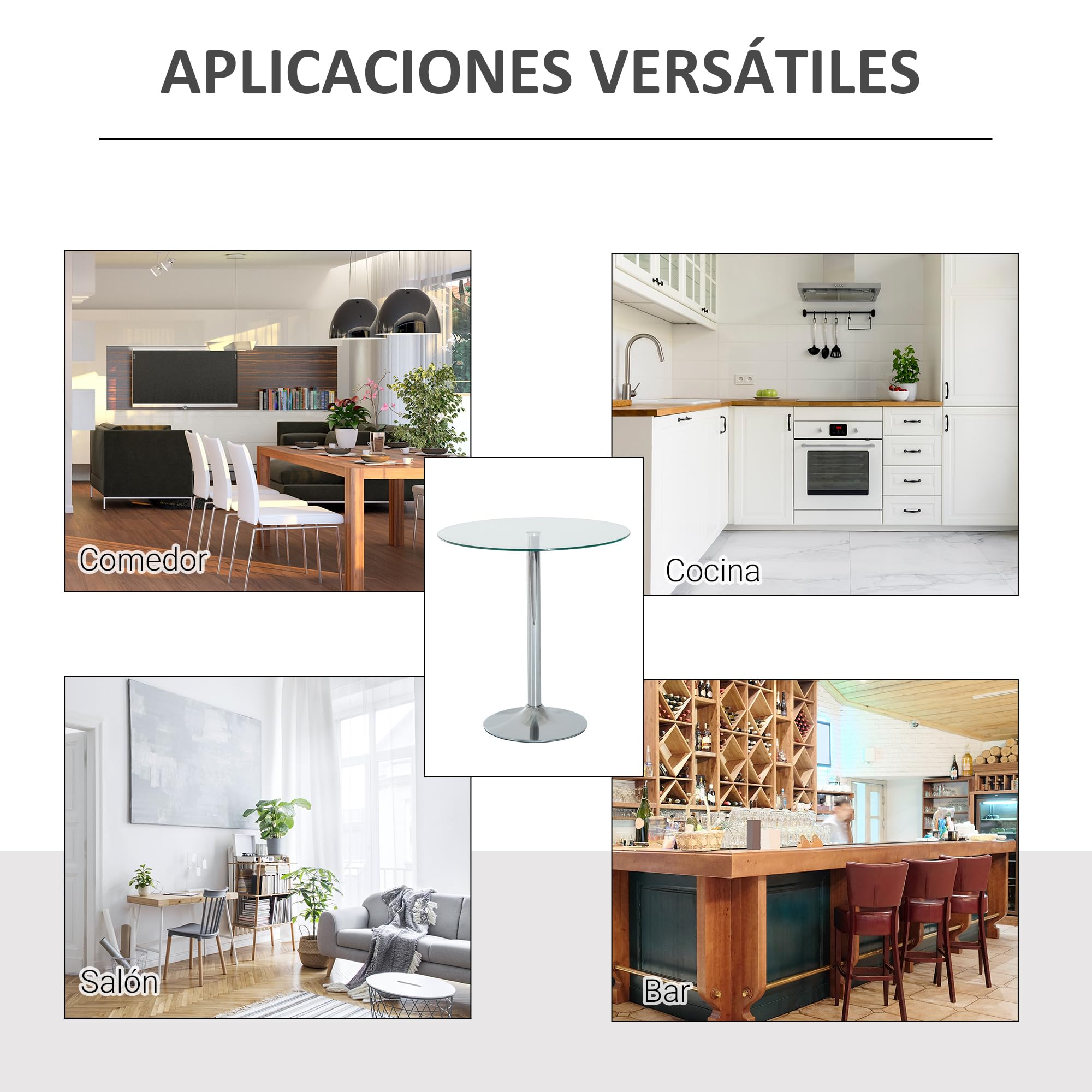 HOMCOM Mesa de Comedor Redonda para 2 Personas Ø70 cm Moderna Plateada | Mesa de Cocina, Superficie de Vidrio Templado, Base de Acero, para Salón, Comedor