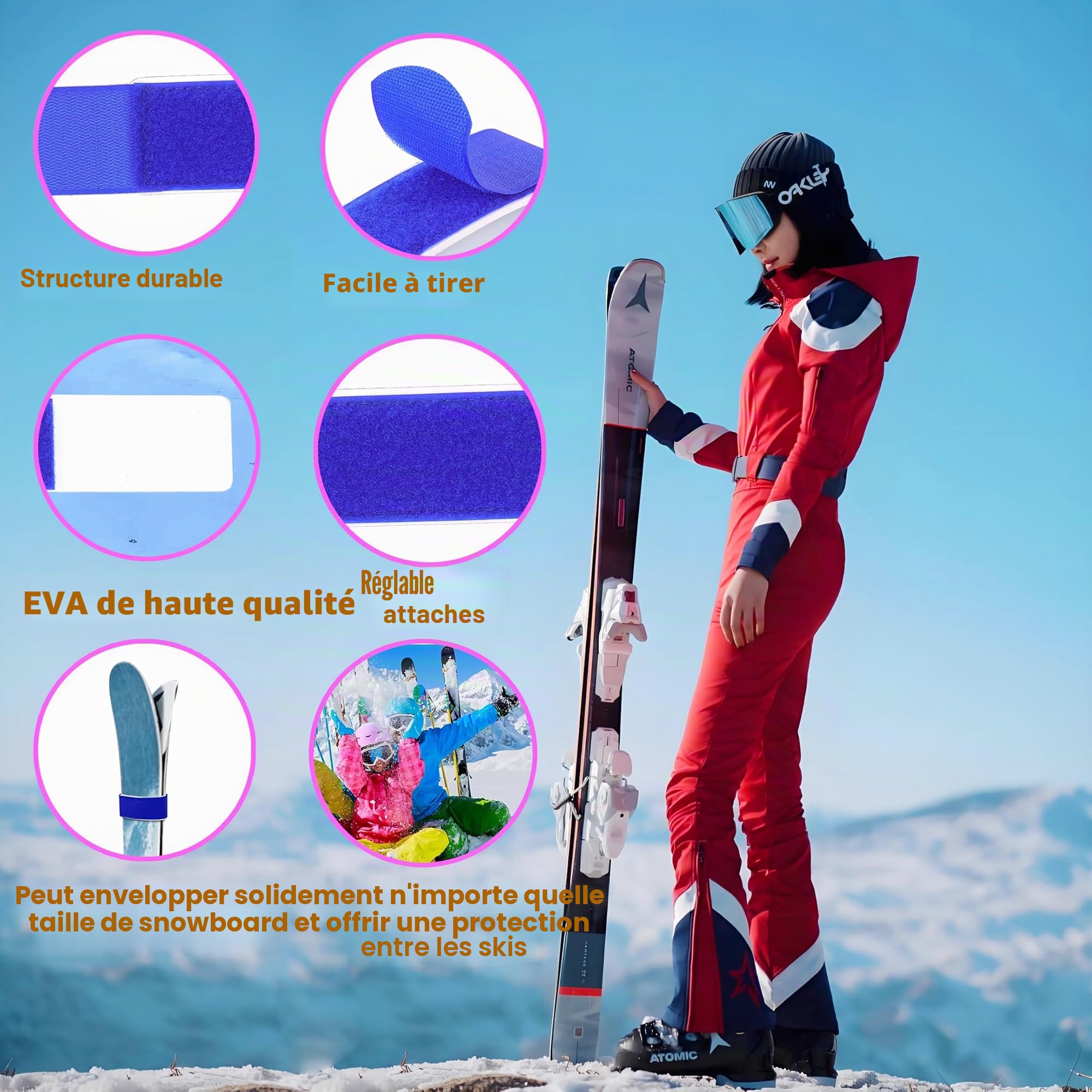 (Upgrade) 10 x Sangles de Ski Réglables Sangles de Ski EVA avec Conception de Protection pour Transporter du Matériel de Ski Hiver Noël （Bleu Rose Orange Jaune Noir）