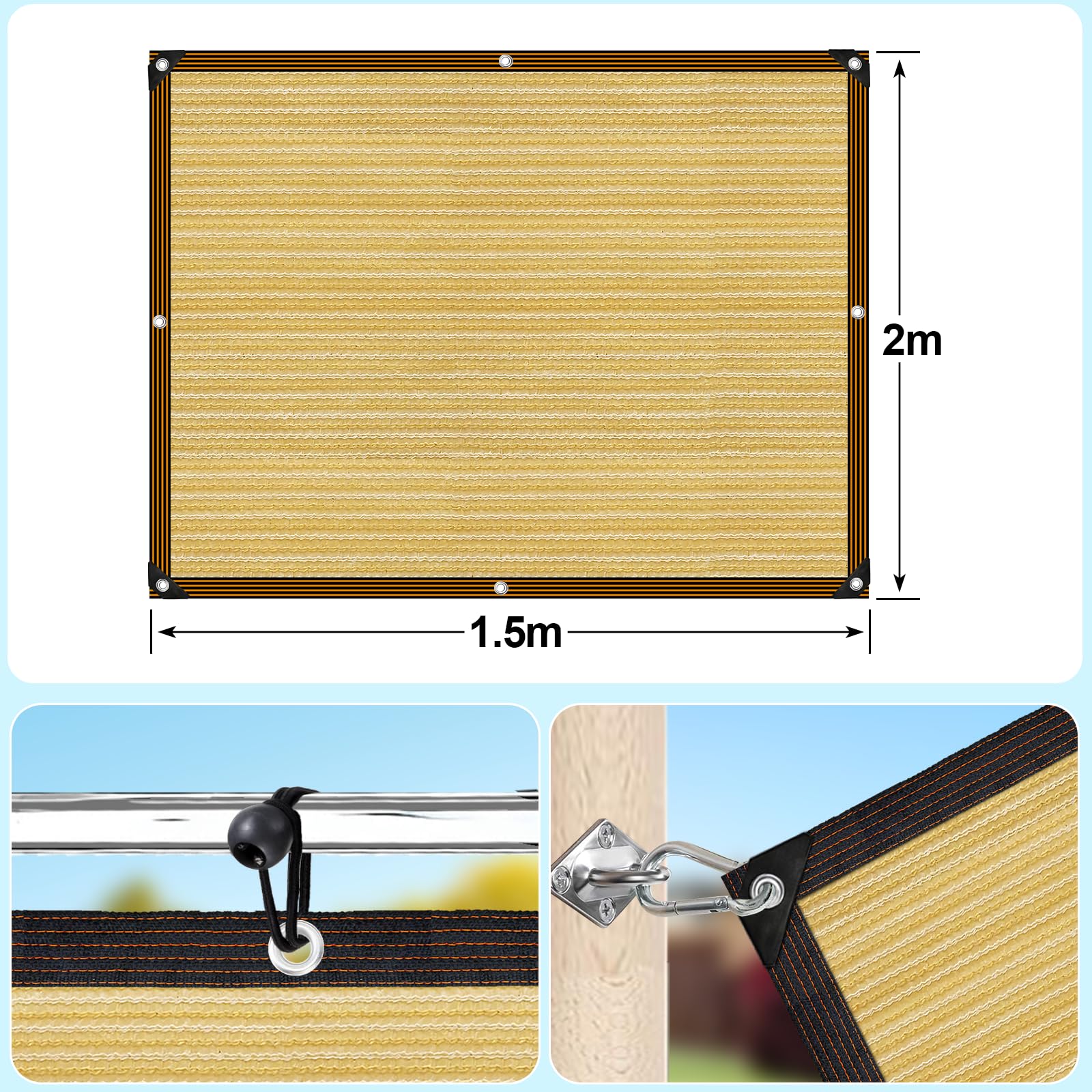 Red de sombra de 1,5 x 2 m con agujeros, adecuada para invernaderos, glorietas, jardines, invernaderos, gallineros, exteriores, color beige