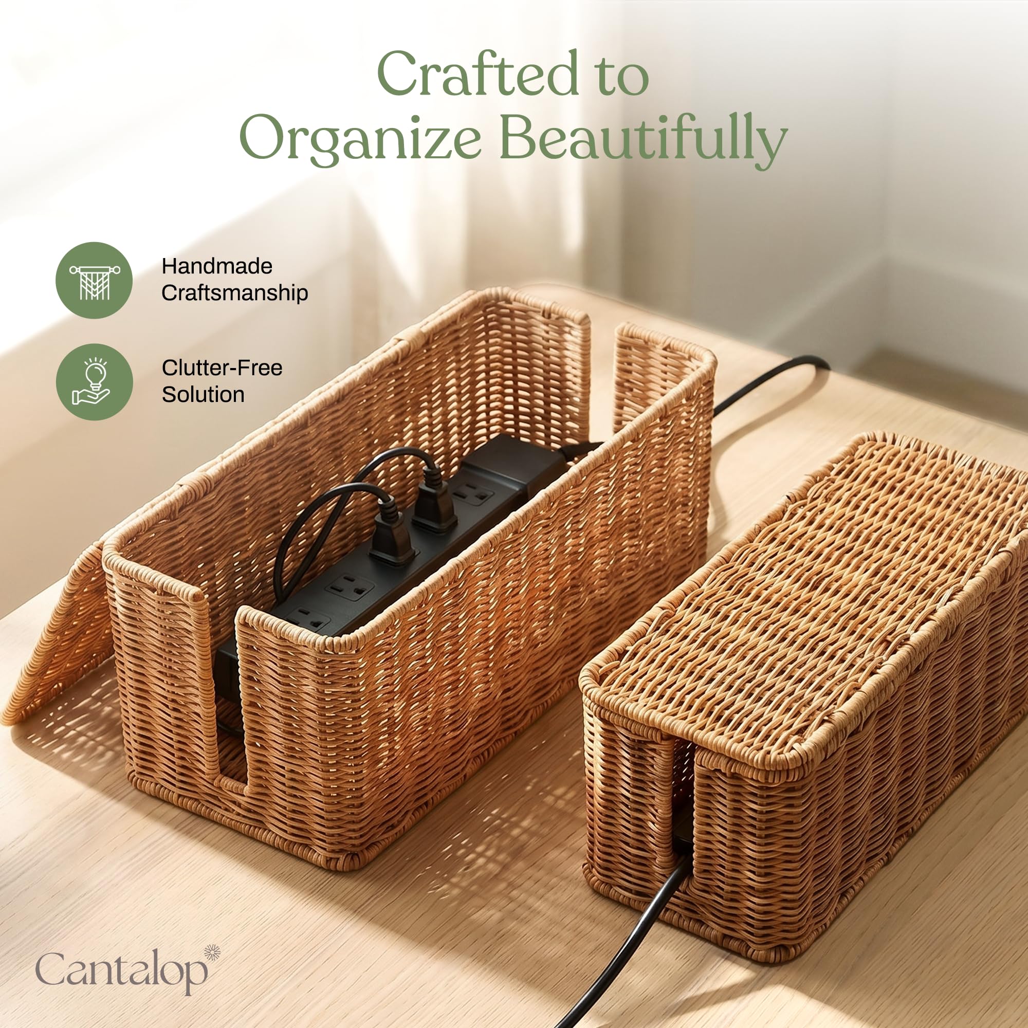 Caja de gestión de cables, organizador de cables de ratán hecho a mano con 2 ranuras abiertas, ocultador de cables para regleta de alimentación, enrutador y concentrador USB, patente registrada de