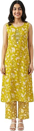 ladyline Womens 2-Piece Silk Blend Digital Printed Kurta Palazzo Pants Co-ord Set with Mirror Work | Sleeveless | Back Tie-Up