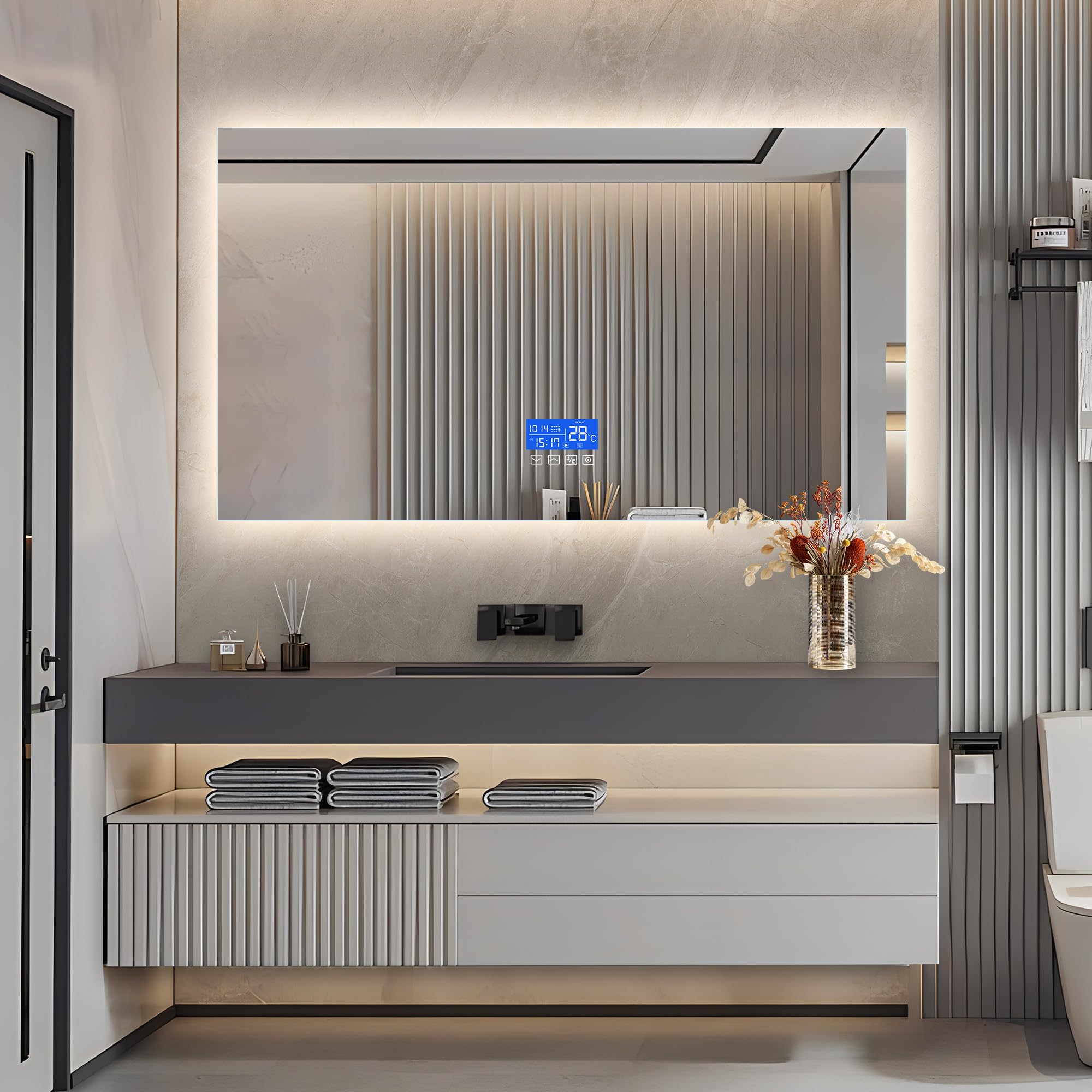 Espejo de baño LED con Bluetooth 140 x 80 cm, espejo de baño con iluminación con regulador de color antiniebla, espejo LED con pantalla de temperatura, modelo premium, 140 x 80 cm)