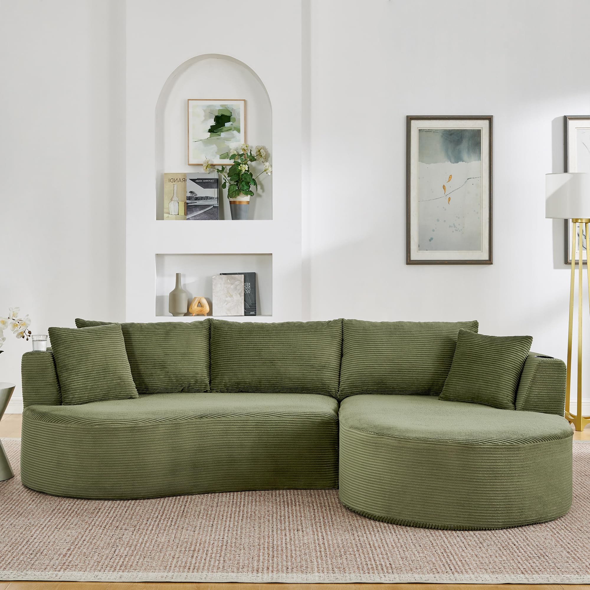 Muskel 3-Sitzer Kompressionssofa,Rechte Chaiselongue+2-Sitzer, Bogenförmiges Design, weicher Kordstoff, mit Getränkehalter und Kissen, vakuumverpackt, für Wohnzimmer, Hotel, Apartment und Büro,Green