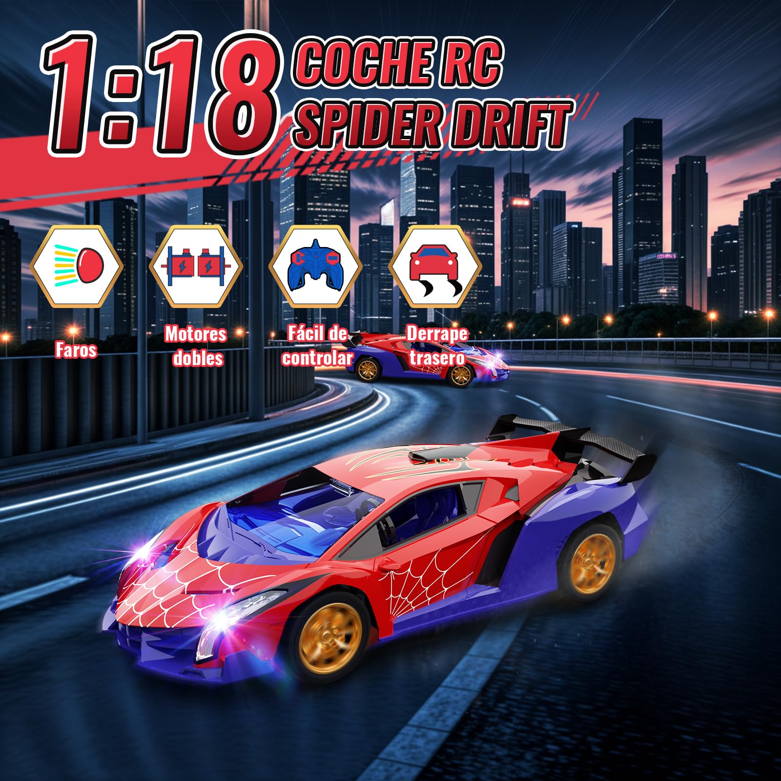 Coche Teledirigido Ojos Araña Luminosos & Diseño Telaraña, Coche Rc Drift Car 1:18, Juguetes Niños 3 4 5 6 7 8 9 10 11 12 Años Regalo para Niño de 3-12 Años Juegos Niños 3-12 Años Cumpleaños Navidad