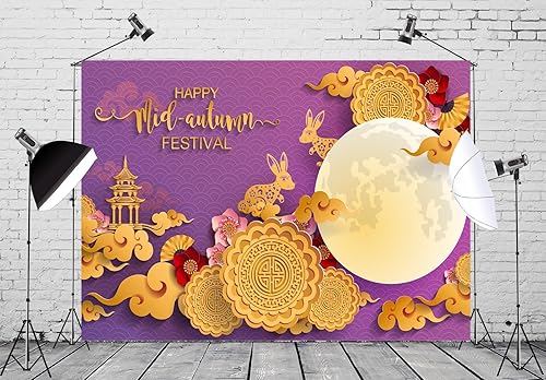 Miniatura 9 de Loccor Telón de fondo de festival de mediados de otoño de 5 x 3 pies, faroles rojos, pastel de luna, conejos, flores, luna llena, fotografía, fondo,