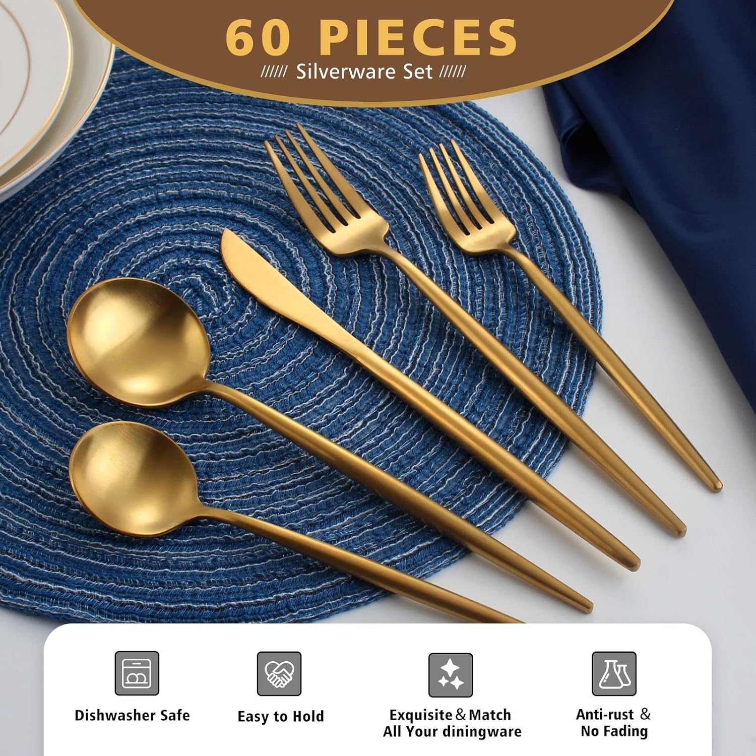 Matte Gold Silverware Set, Oliviola 60-Piece Stainless Steel Flatware Cutlery Set Service for 12, Satin Finish Kitchen Utensil Set, Dishwasher Safe - Image 3