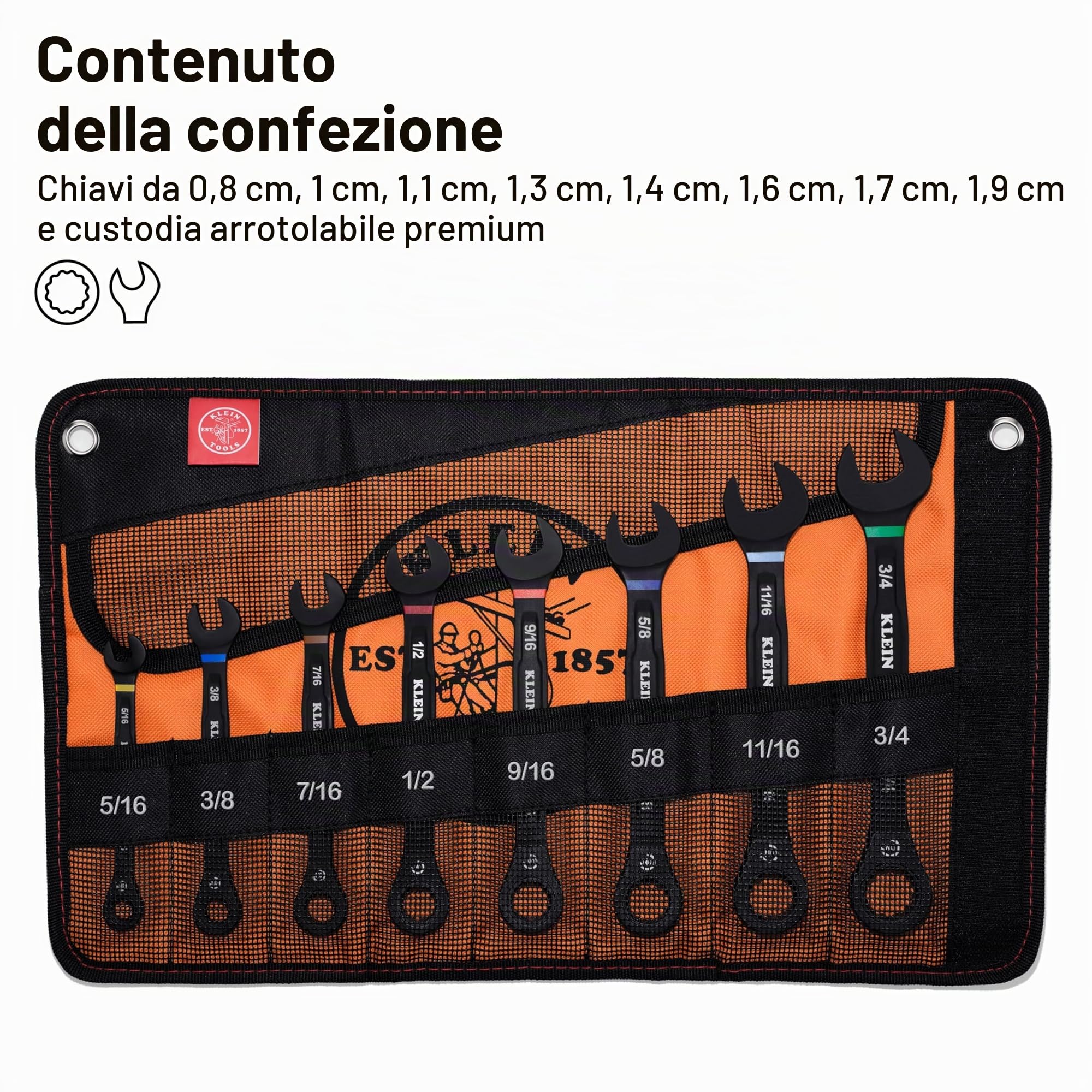 KLEIN TOOLS 69408G - Set di chiavi combinate a cricchetto, SAE, 8 pezzi, 5/16 a 3/4", in lega di acciaio, custodia in schiuma, 90 denti