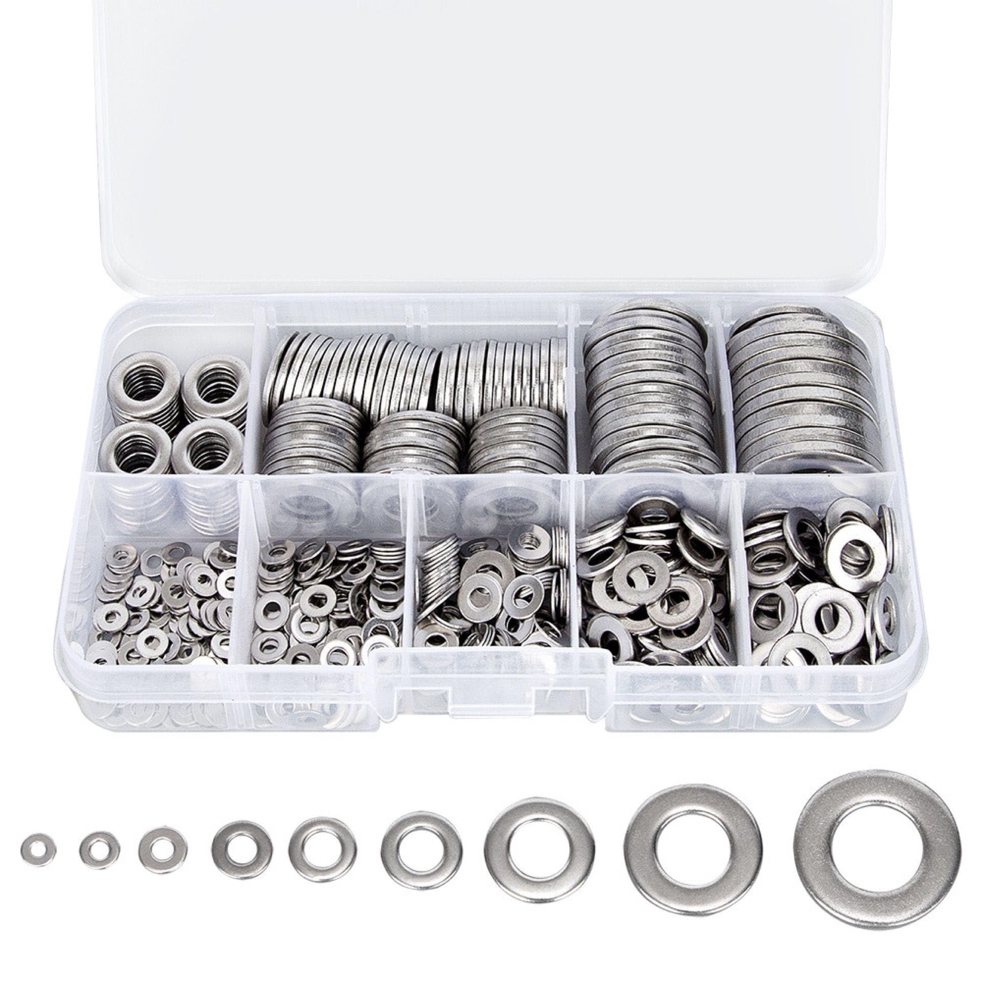 Jaexest 580 Pcs 304 Stainless Steel Flat Washers Kit Box, M2/M2.5/M3/M4/M5/M6/M8/M10/M12, 9 Sizes 304 Stainless Steel Flat Washers Assortment Box for Furniture assembly/Car Repair/Plumbing Repair