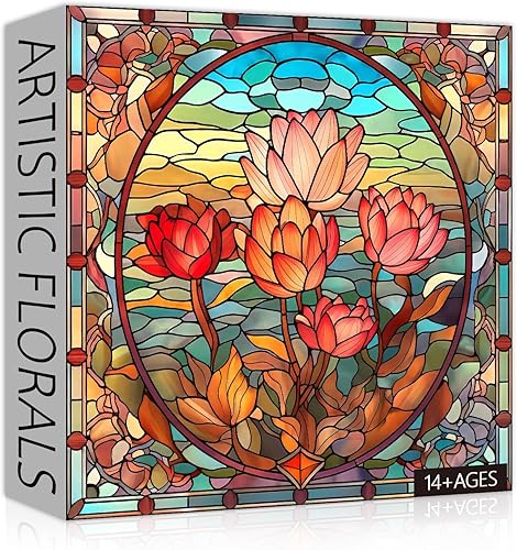 PICKFORU Rompecabezas de flores de vitrales para adultos, 1000 piezas, rompecabezas de arte vintage floral, imposible difícil desafiante para adultos