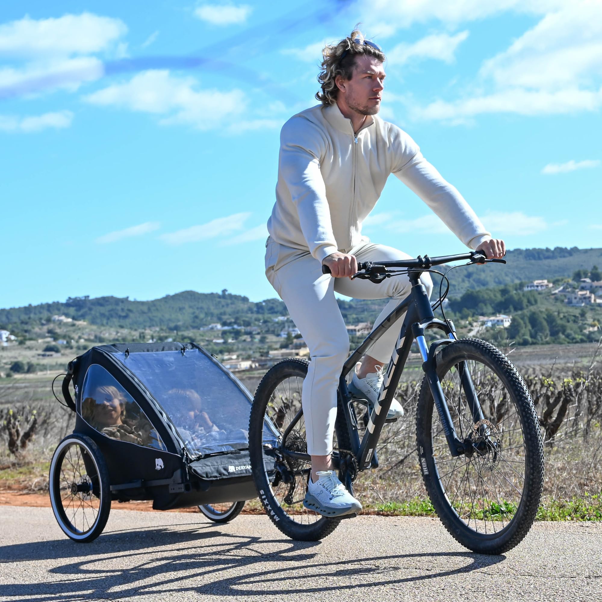 Deryan Luxus 3-in-1 Rimorchio per Bicicletta v2 per 2 Bambini – Rimorchio per Bicicletta, Passeggino & Jogger – Passeggino Multifunzionale con Cintura a 5 Punti – Nero