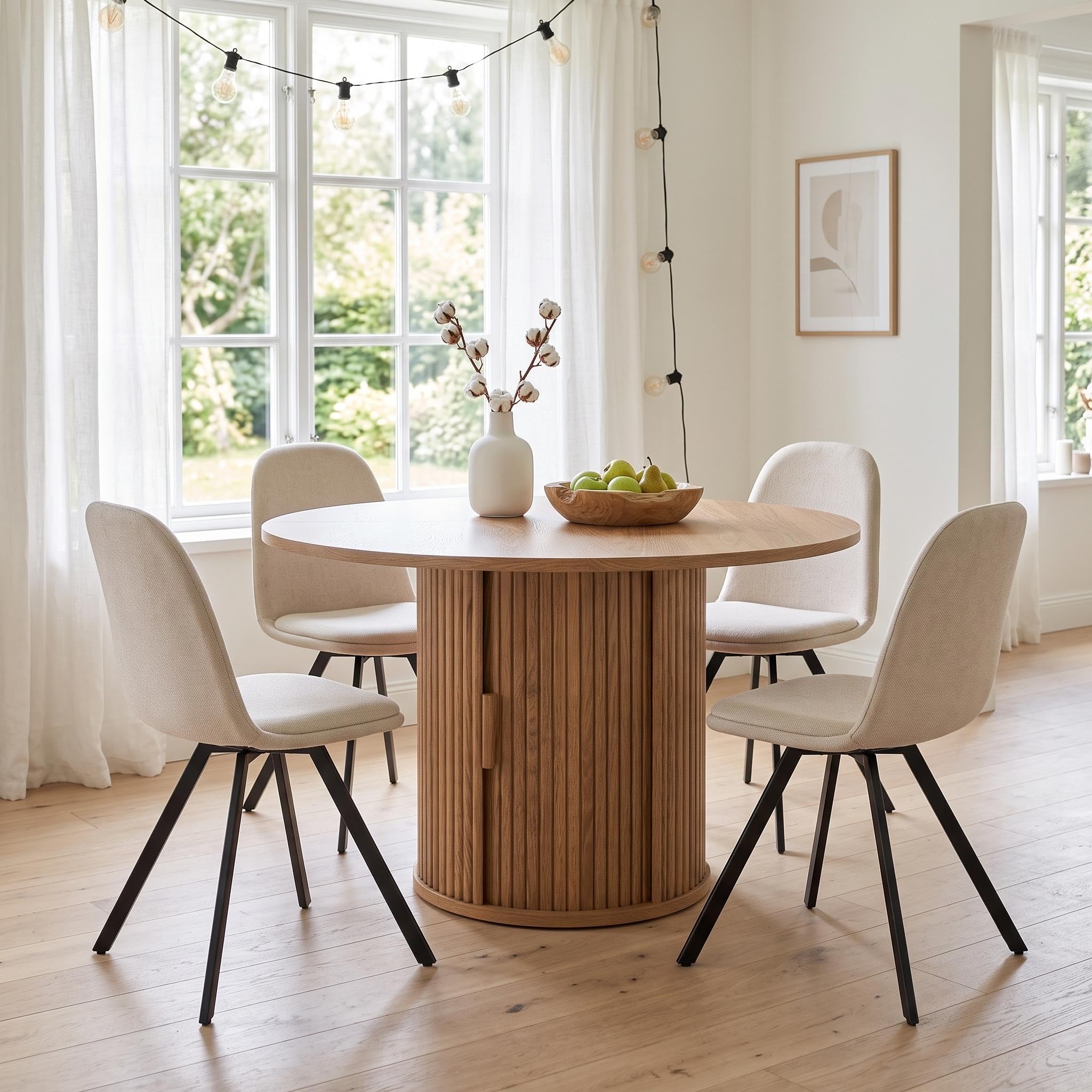 FurnitureR Ensemble de salle à manger rond de 120 cm avec 4 chaises pivotantes et espace de rangement