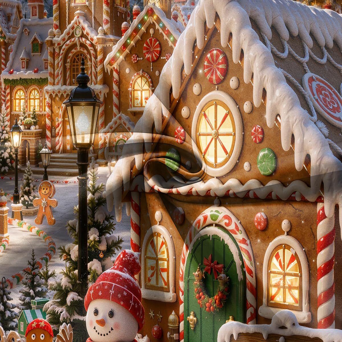 2,3 x 1,8 m, sfondo natalizio a tema pan di zenzero, città di pan di zenzero, paesaggio invernale con pupazzo di neve, sfondo fotografico per famiglia, bambini, Natale, vacanze, feste