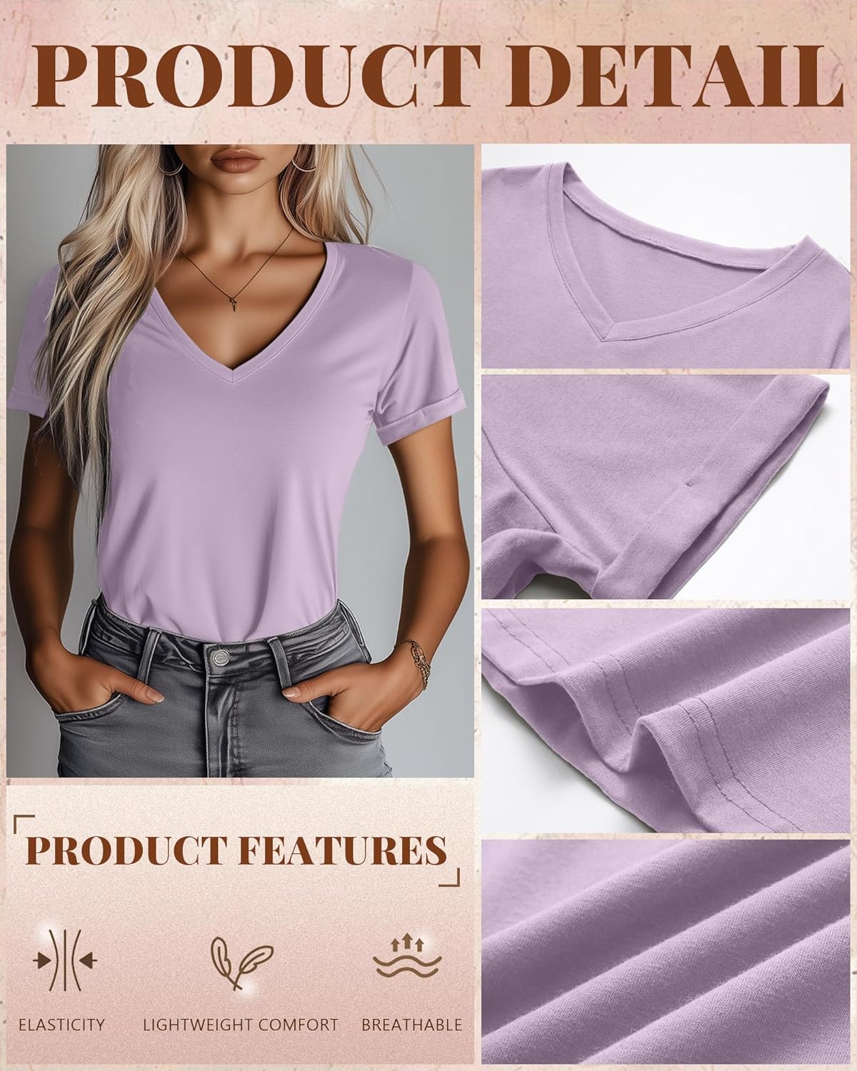 Ficerd 3 Pack Women's V Neck T Shirts, Summer Casual Short Sleeve Tops Loose Fit Rolled Sleeve Tees Trendy Shirts - Image 5