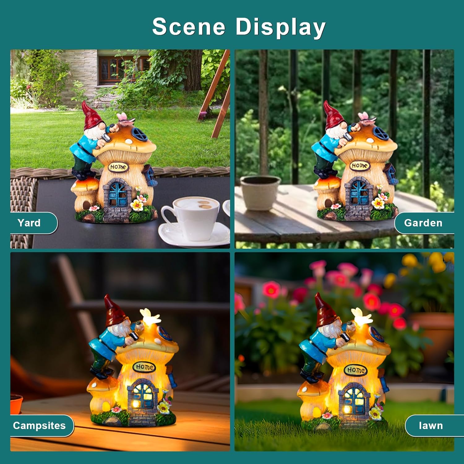 Garden Gnome Statues Figurine Lights - Solar Powered Lighting Outdoor Decorations, Gnome Build Mushroom Fairy House, Yard Art Lawn Ornaments for Porch Patio Balcony - Gnome Gifts for Women Mom - Image 2