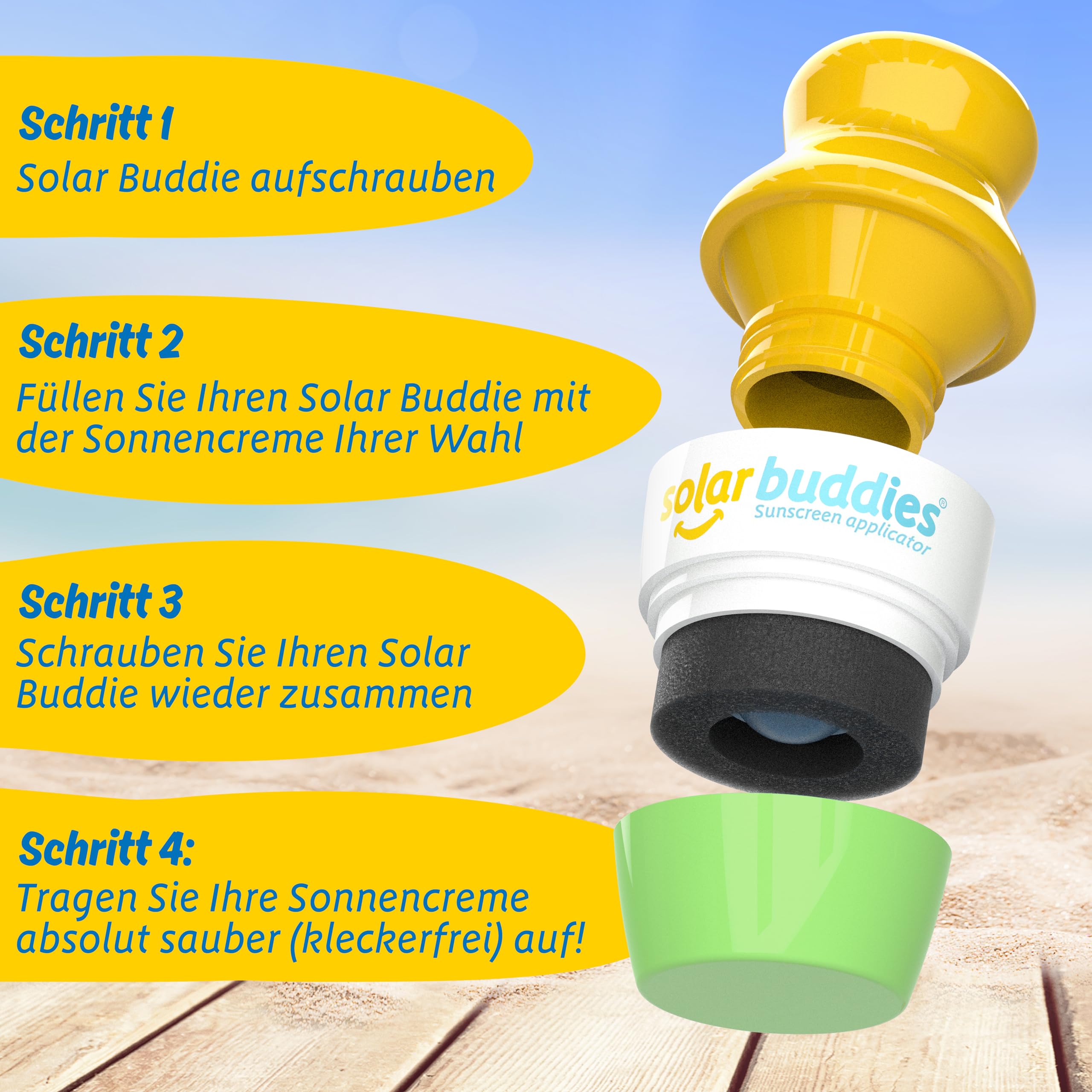 Solar Buddies Nachfüllbarer Roll-on Schwammapplikator für Sonnencreme 100ml Pink Blau Grün