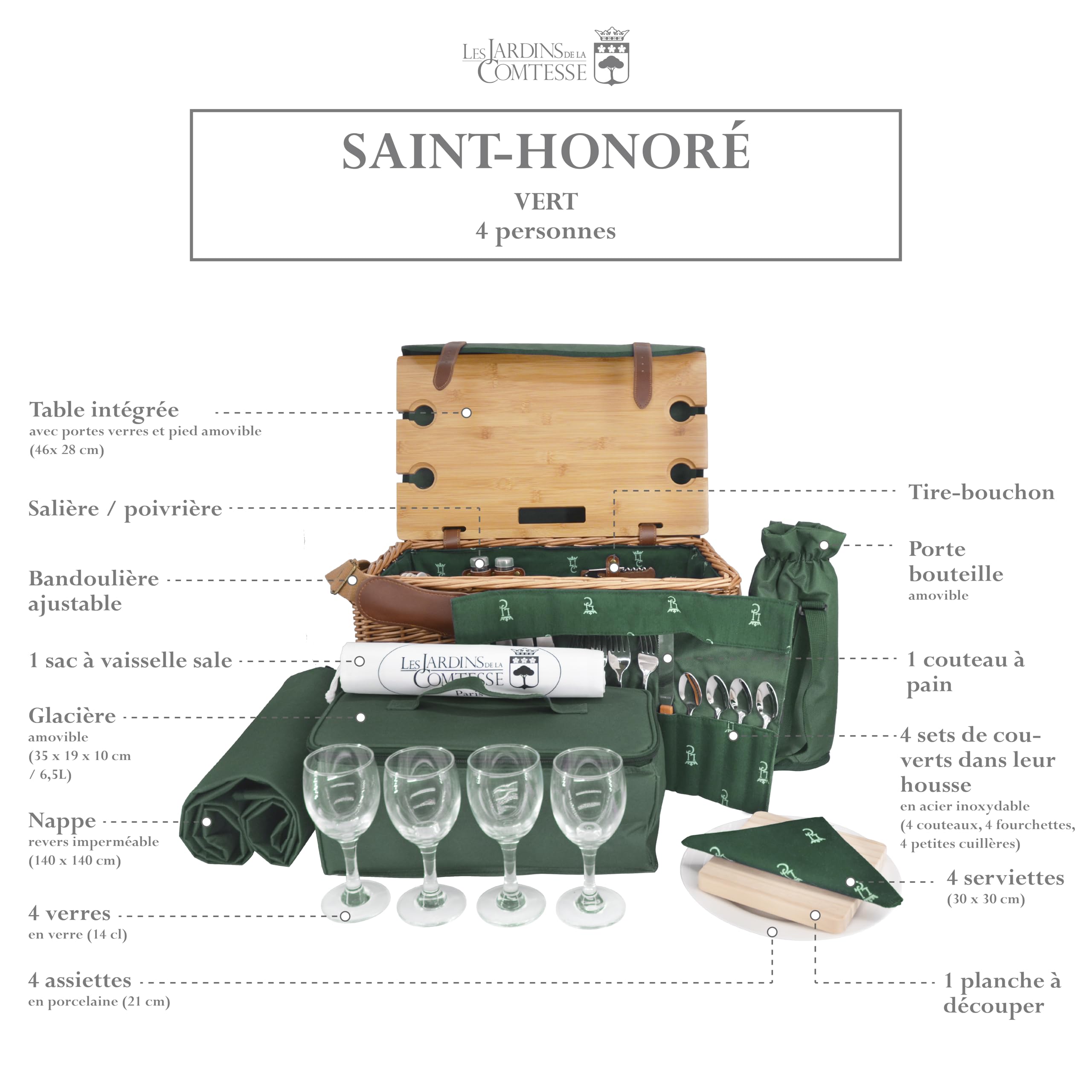 Les Jardins de la Comtesse - Cestino da Picnic Saint Honoré Verde - Vimini Naturale - Cinghie di cuoio - 4/Pers - Tavolo/Scomparto Isotermico Rimovibile - Piatti/Bicchieri da Vino - 45 x 28 x 28 cm