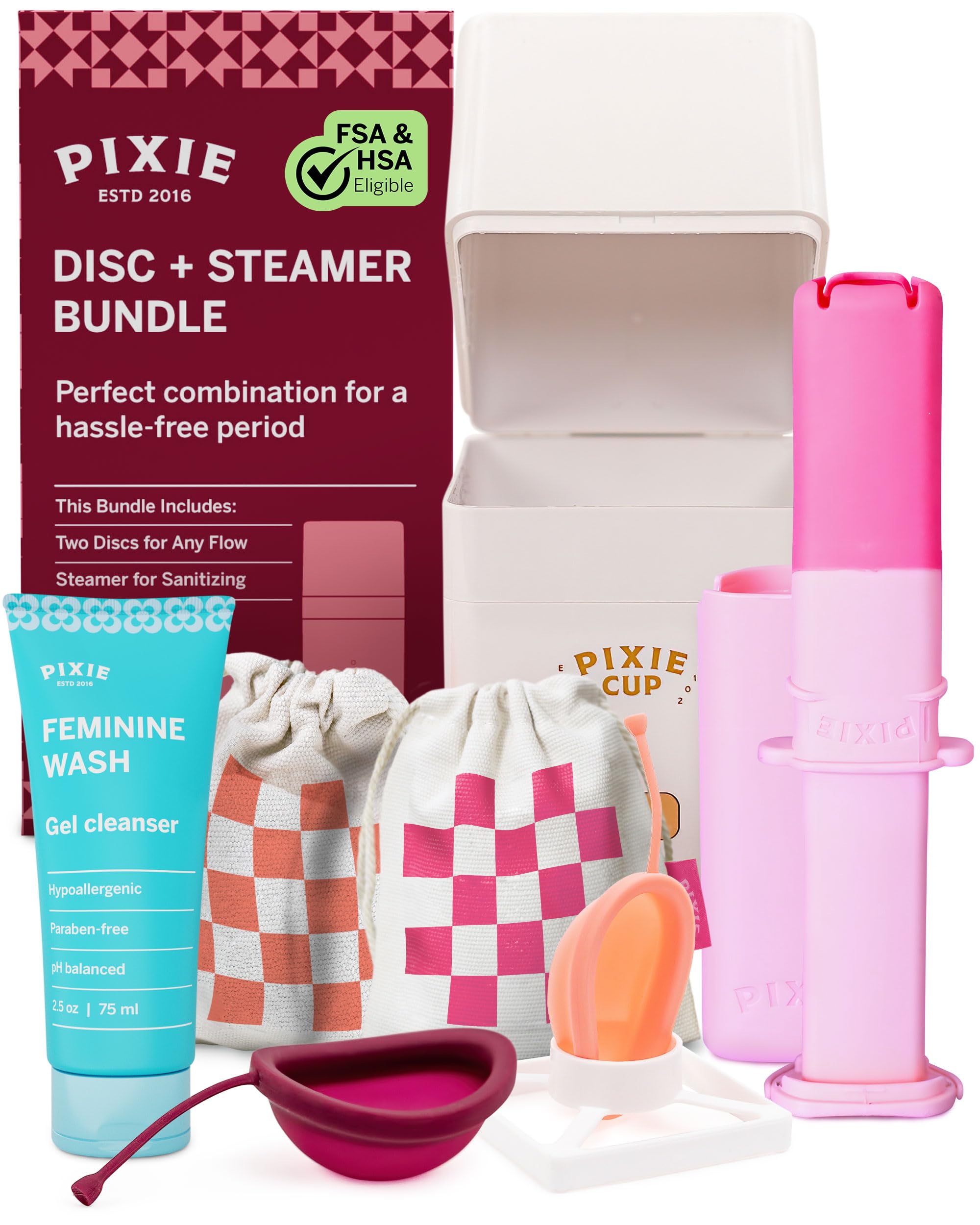 Pixie Menstruationsdisc-Komplettset – 2 wiederverwendbare Perioden-Discs mit Applikator, Sterilisator & Intimwaschlotion – Tamponähnliches Einführen