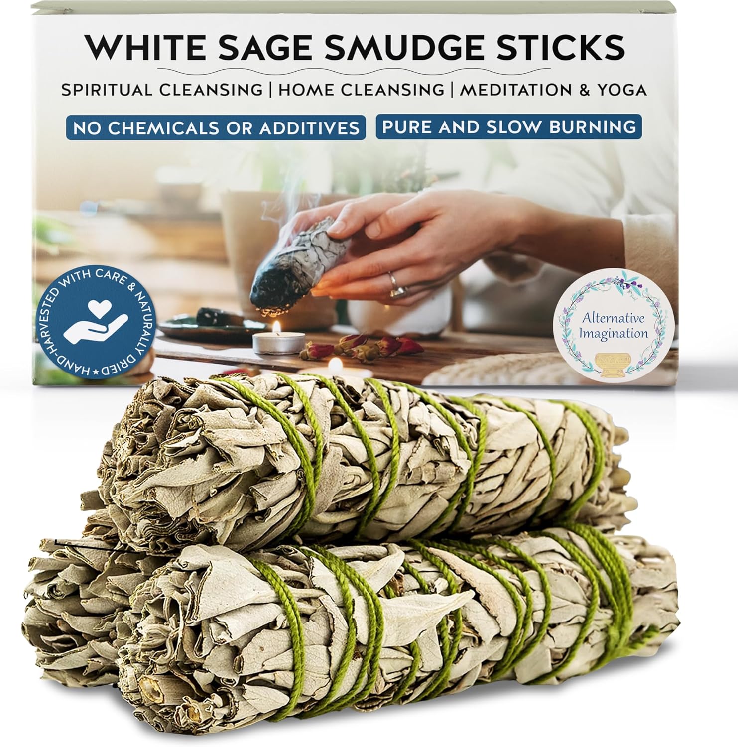 Alternative Imagination California White Sage Smudge Sticks - 3-Pack of 7-Inch Bundles for Home Cleansing,Energy Clearing, Meditation, Witchcraft, Spiritual Gifts,Altar & Smudging-Packaged in the USA