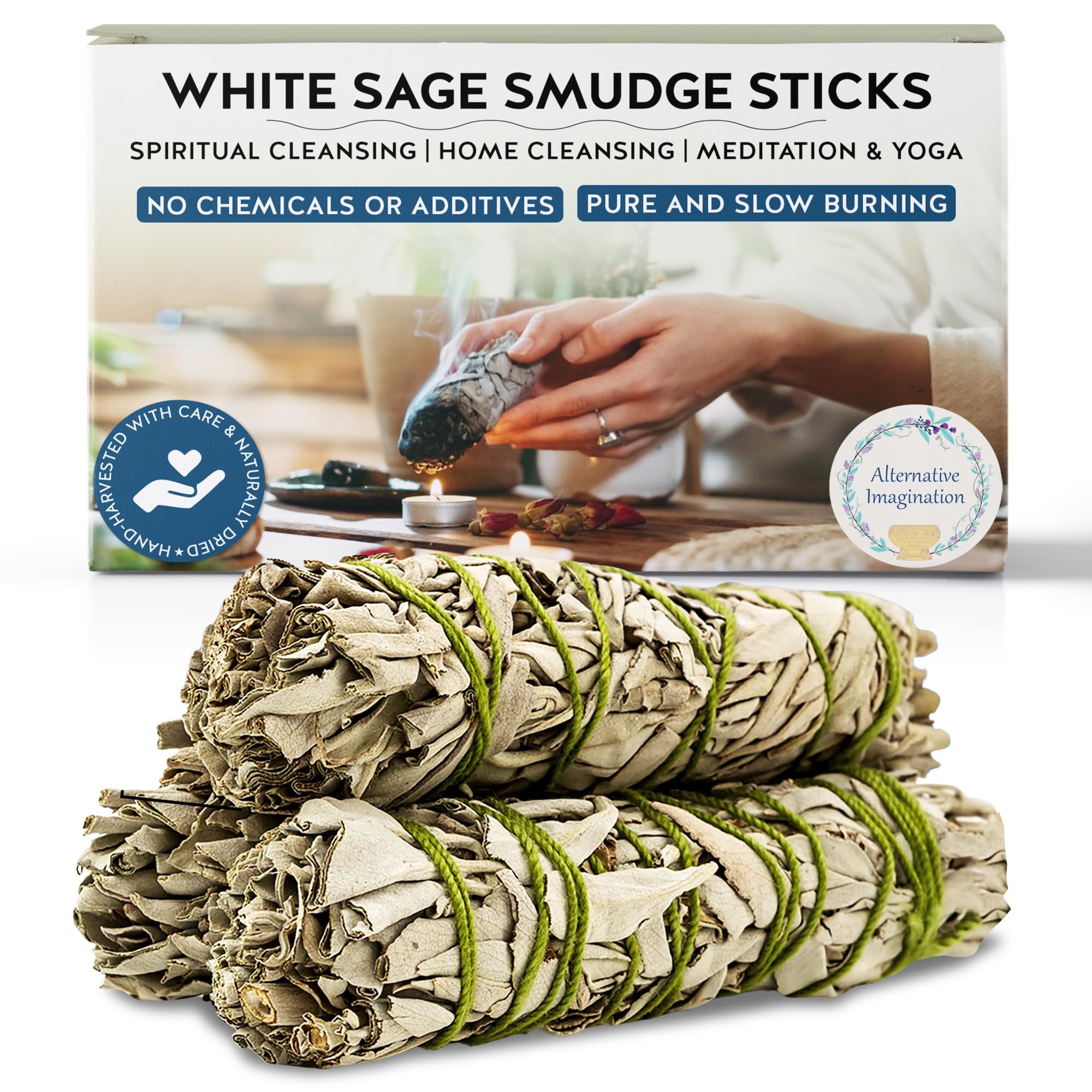 White Sage Sticks for Spiritual Cleansing, Sage Smudge Kit, Witchcraft Supplies - 4" Dried Herbs for Meditation Accessories, Yoga, Incense Holder, Gifts - 3 Pack - Alternative Imagination