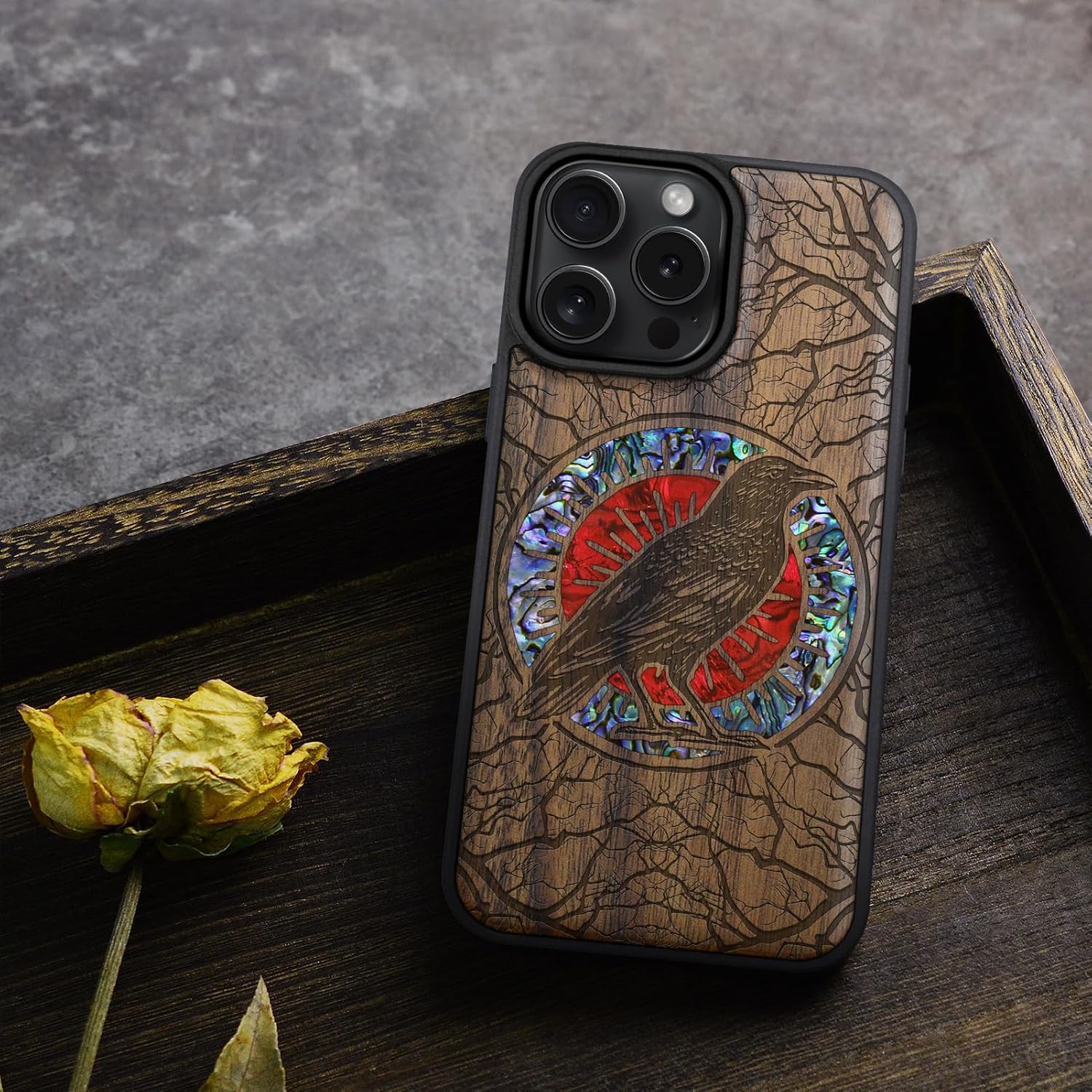 Carveit Magnetic Case for iPhone 16 Pro Case, Wood Artisan Engraved & Handmade Shell Inlaid, TPU Shockproof Cover, Compatible with MagSafe Wireless Chargers (The Haloed Crow) Walnut