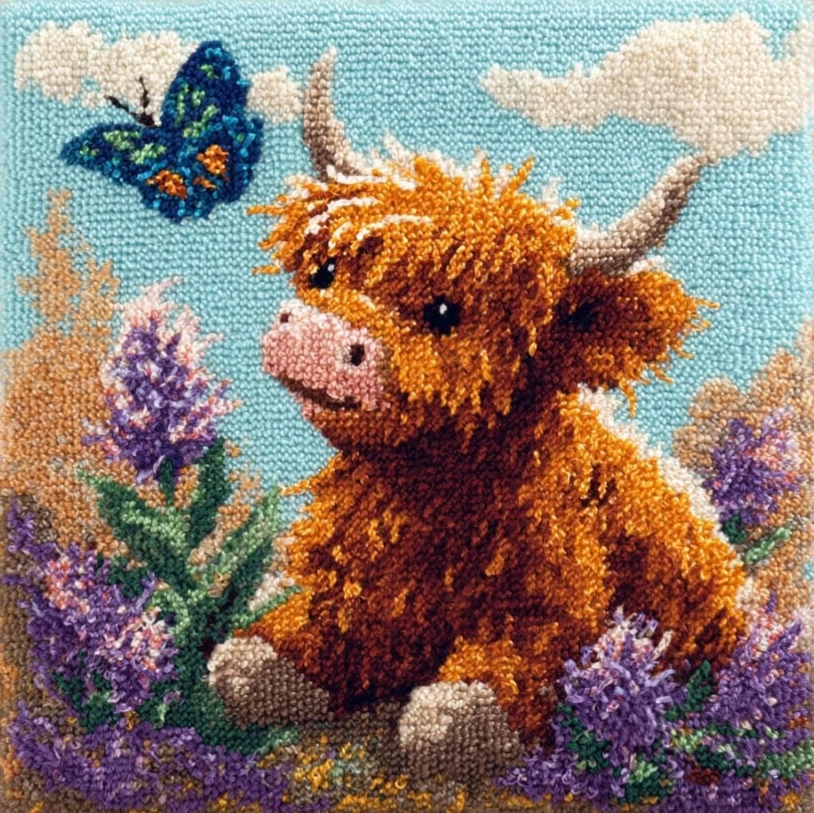 AxiangziK DIY Latch Hook Pillow Set 43x43cm,Highland Cattle and Butterflies Printed Canvas Needlework Kit,Pillowcase & Cushion Embroidery Project,All-in-One Craft for Sofa Decor & Family Activities