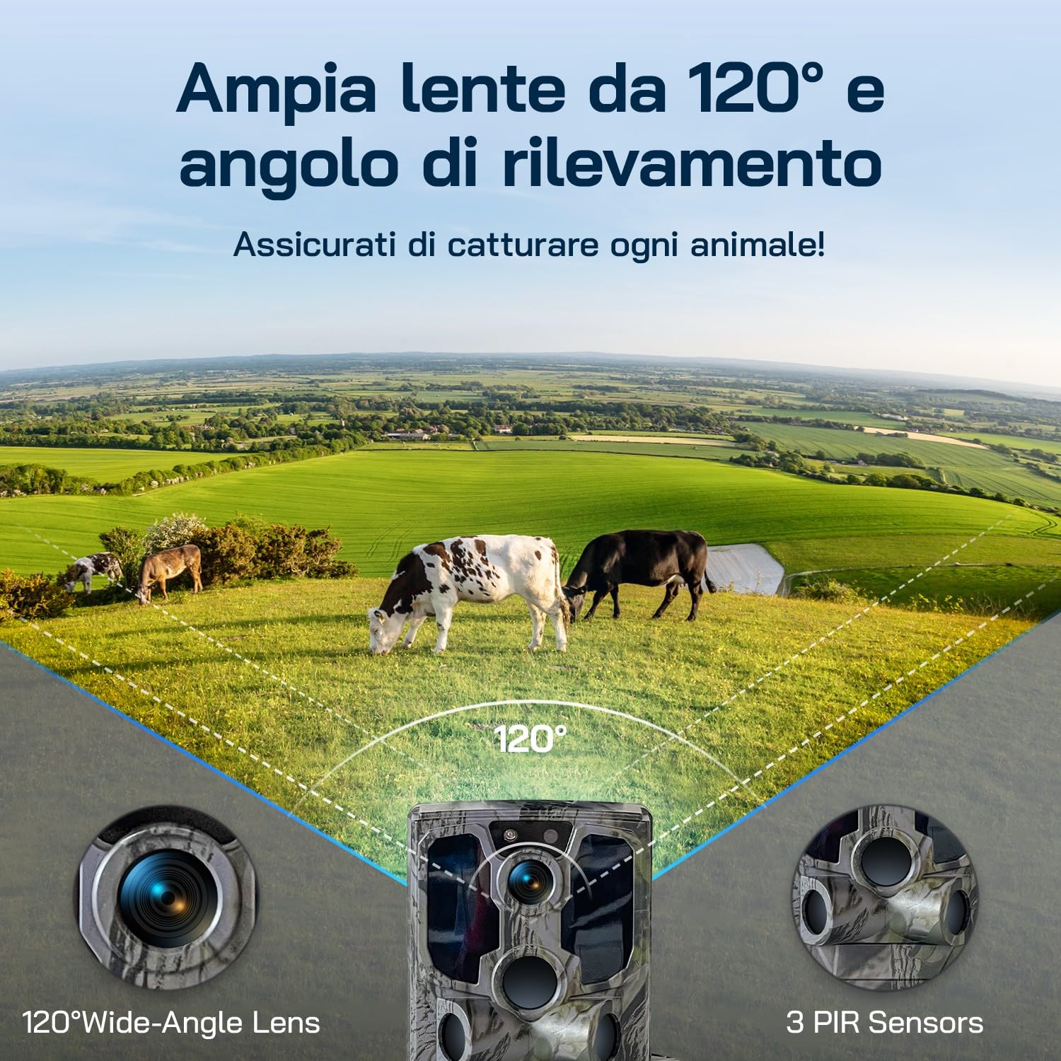 WOLFANG Fototrappola, 4G LTE Fototrappola Solare 2.5K con Scheda SIM Preinstallato e SD, Fotocamera con Allarme, Visione Notturna, Angolo 120° 82ft, Tempo di Scatto 0,2s, IP66 Impermeabile
