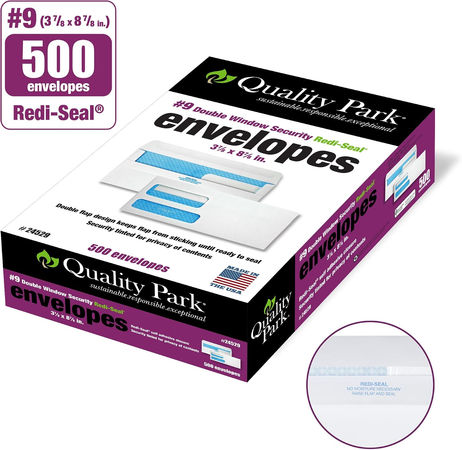 Quality Park #9 Security Envelopes, Double Window, Self Seal, Invoices/QuickBooks Statements, 3-7/8 x 8-7/8 Inches, 24 lb White, 500/Box (QUA24529)
