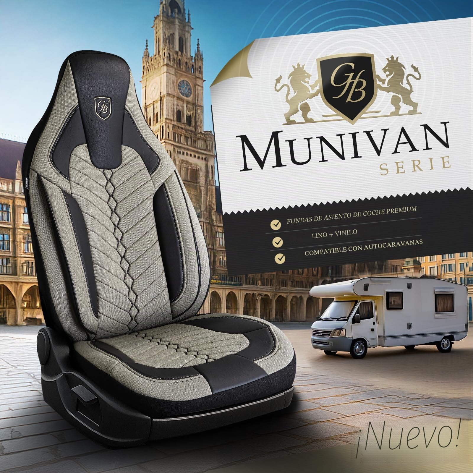 Fundas de Asiento Camper en Lino, compatibles Fiat Ducato, Citroën Jumper, Peugeot Boxer, Asientos Delanteros Conductor & acompañante, Camper & Caravana, Beige-Negro