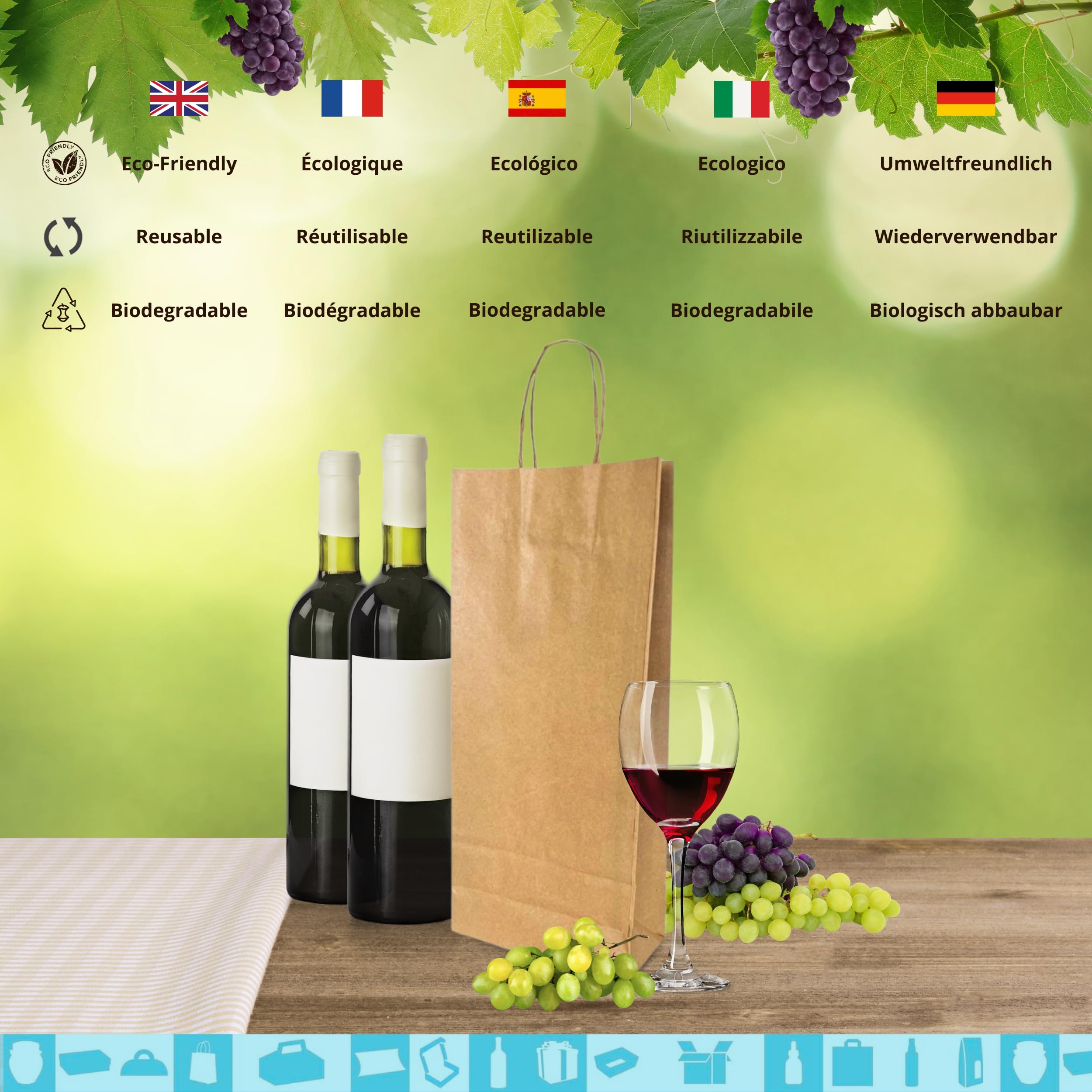 Espirito Rebelde 100 Bolsas para 2 Botellas de Vino 18x8x34cm | Diseño Elegante | Transporte Seguro con Asas Reforzadas | Ideal para Tiendas de Vino | Regalos: Navidad y Fiestas