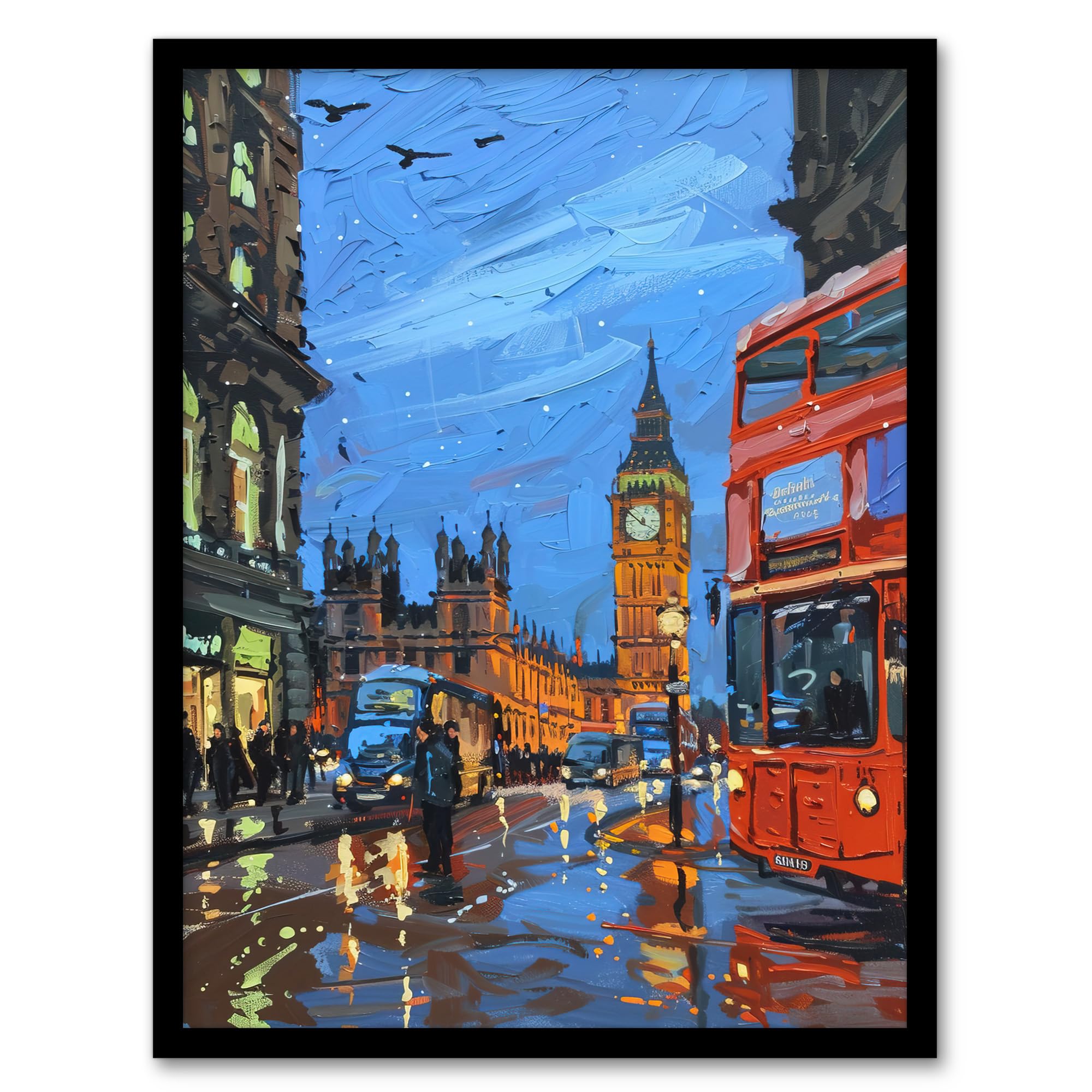 Artery8 Big Ben London on a Rainy Day Painting Iconic Living Room Artwork Framed Wall Art Print A4