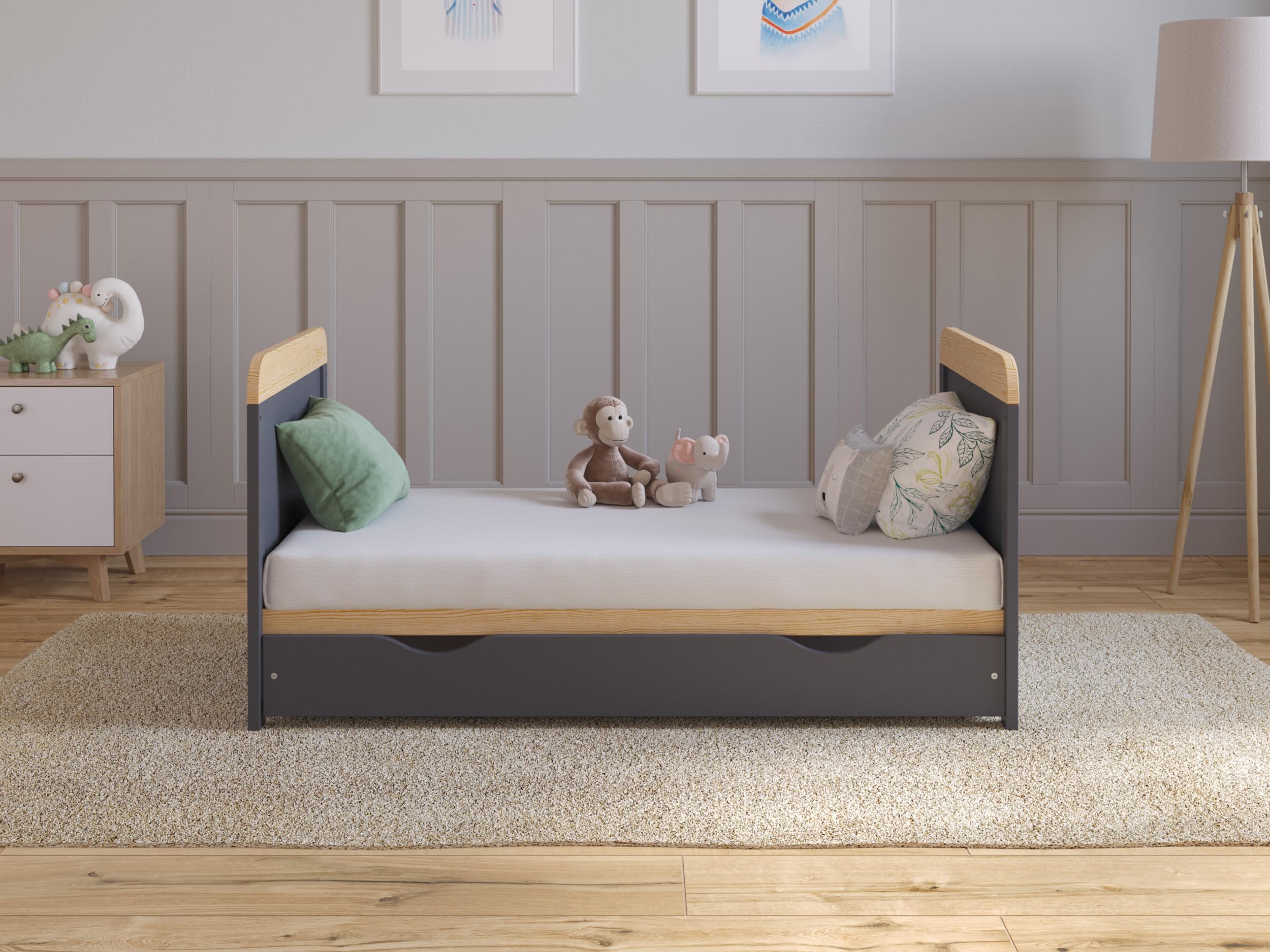 Love For Sleep Culla Neonato Con Materasso & Cassetto 120x60 cm Antracite-Pino - Culla Neonato Legno Con Ruote, Lettino Neonato Legno Completo - Lettino Bambino 0-3 Anni, Culla Lettino Neonato